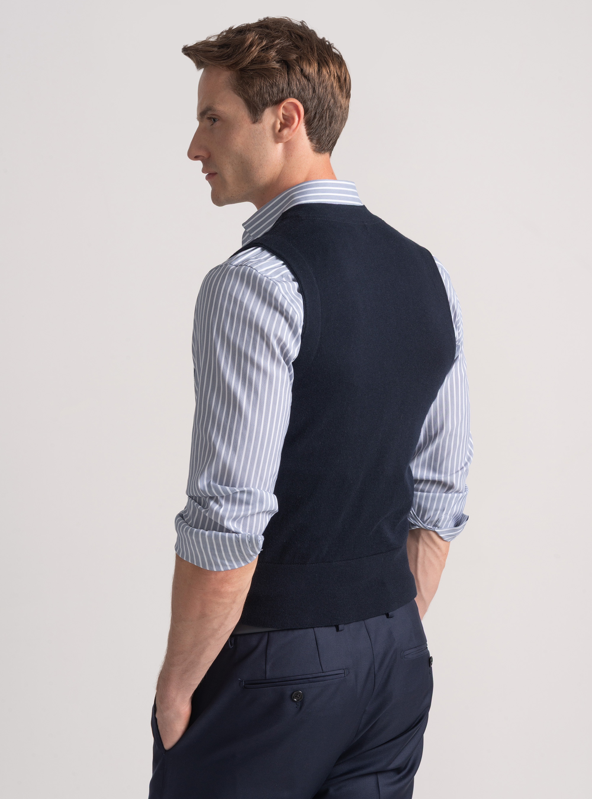 Double-breasted cotton and cashmere knit gilet, NAVY BLUE