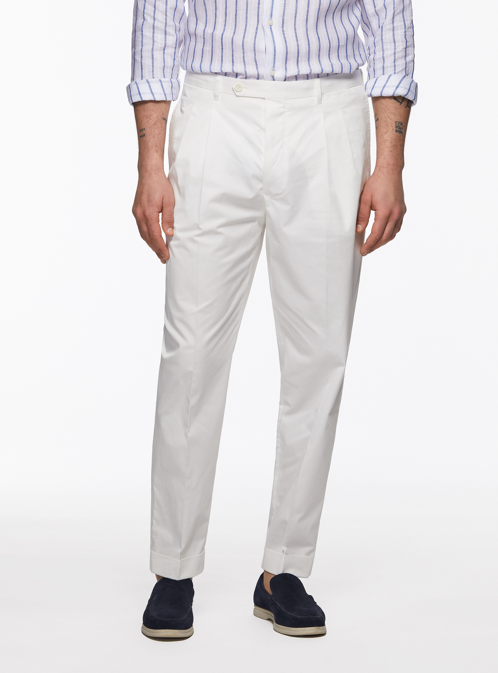 Poplin trousers with pleats, WHITE