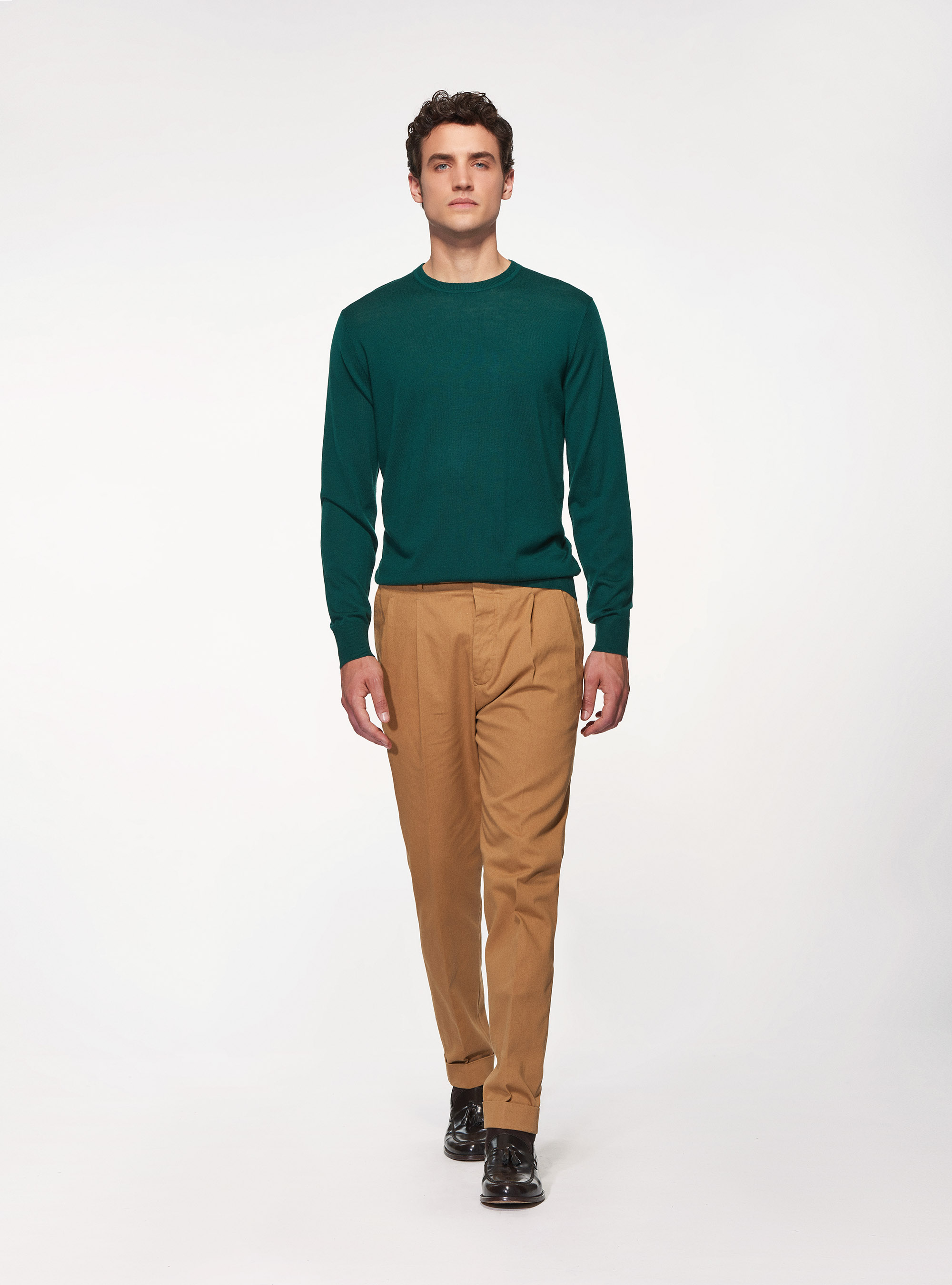 Maglia girocollo in pura lana merino extrafine, VERDE