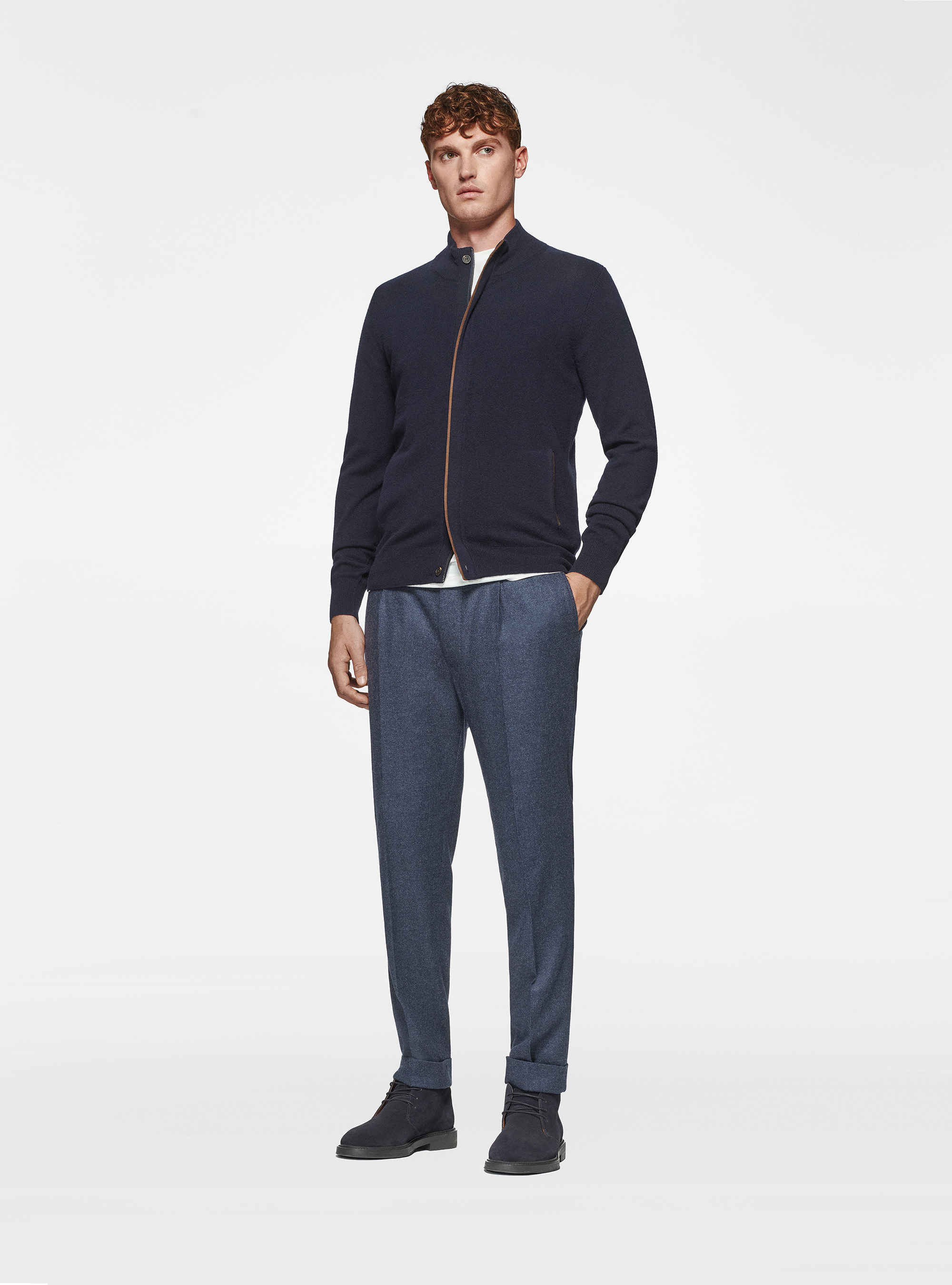 Cardigan in maglia con zip in lana lambswool e cashmere, BLU NAVY