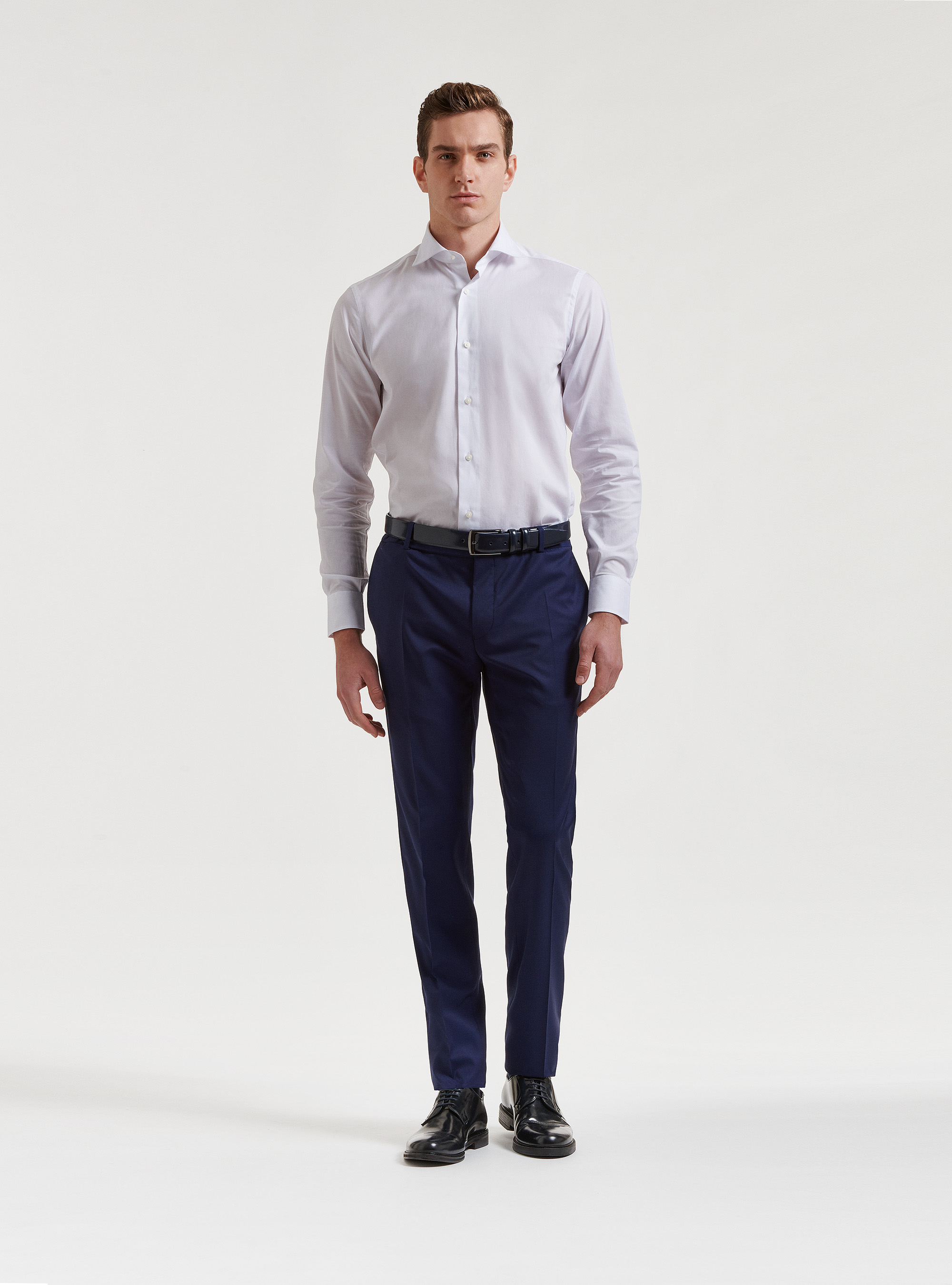 Camicia collo semi francese in popeline stretch, BIANCO