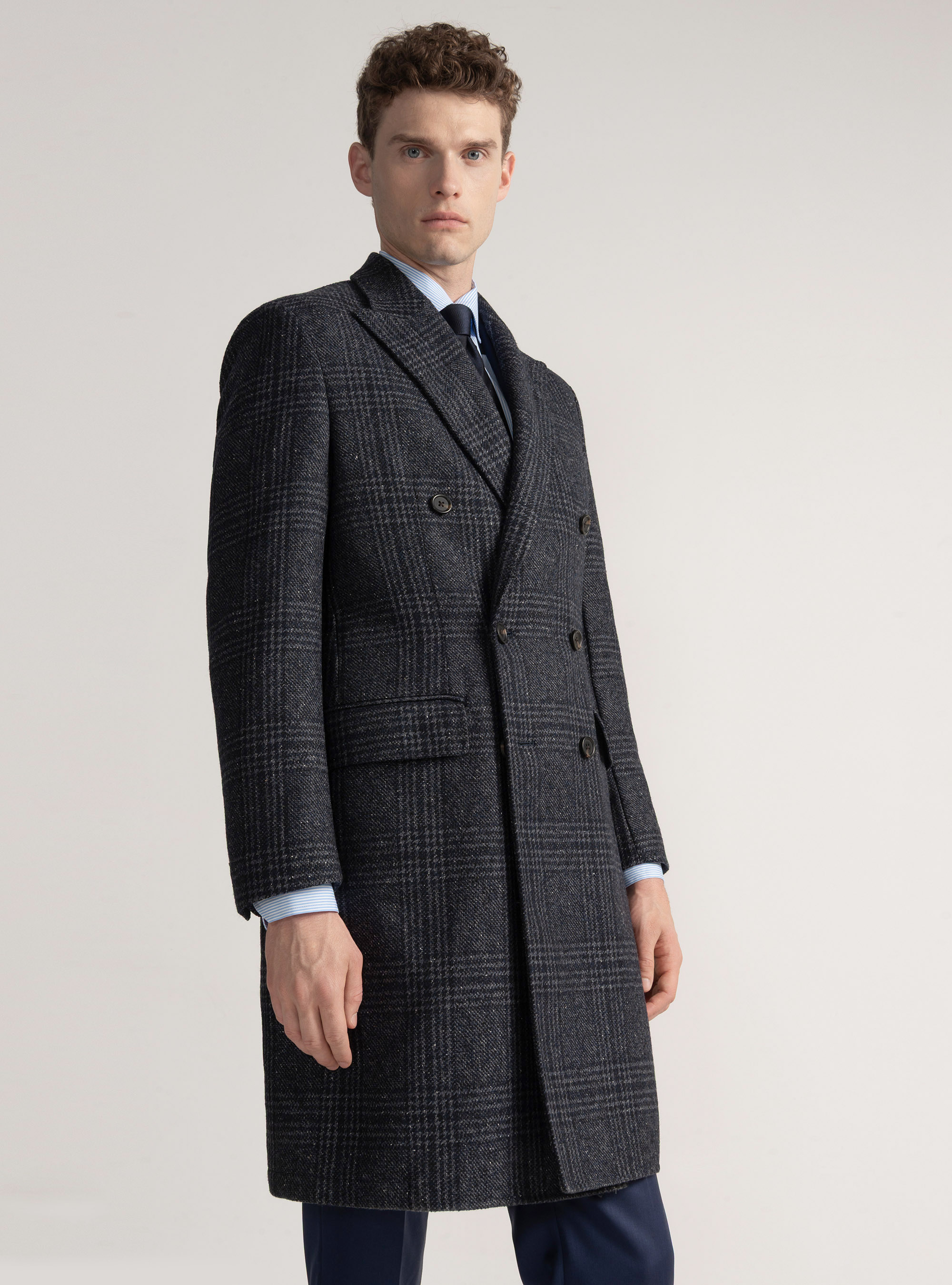 Cappotto doppiopetto fantasia in misto cashmere, BLU NAVY