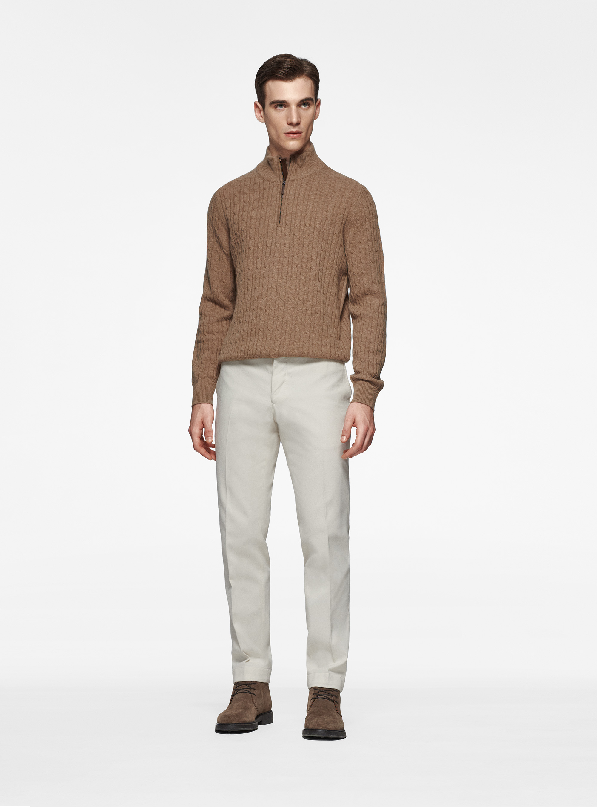 Pantaloni in twill di cotone e cashmere, PANNA