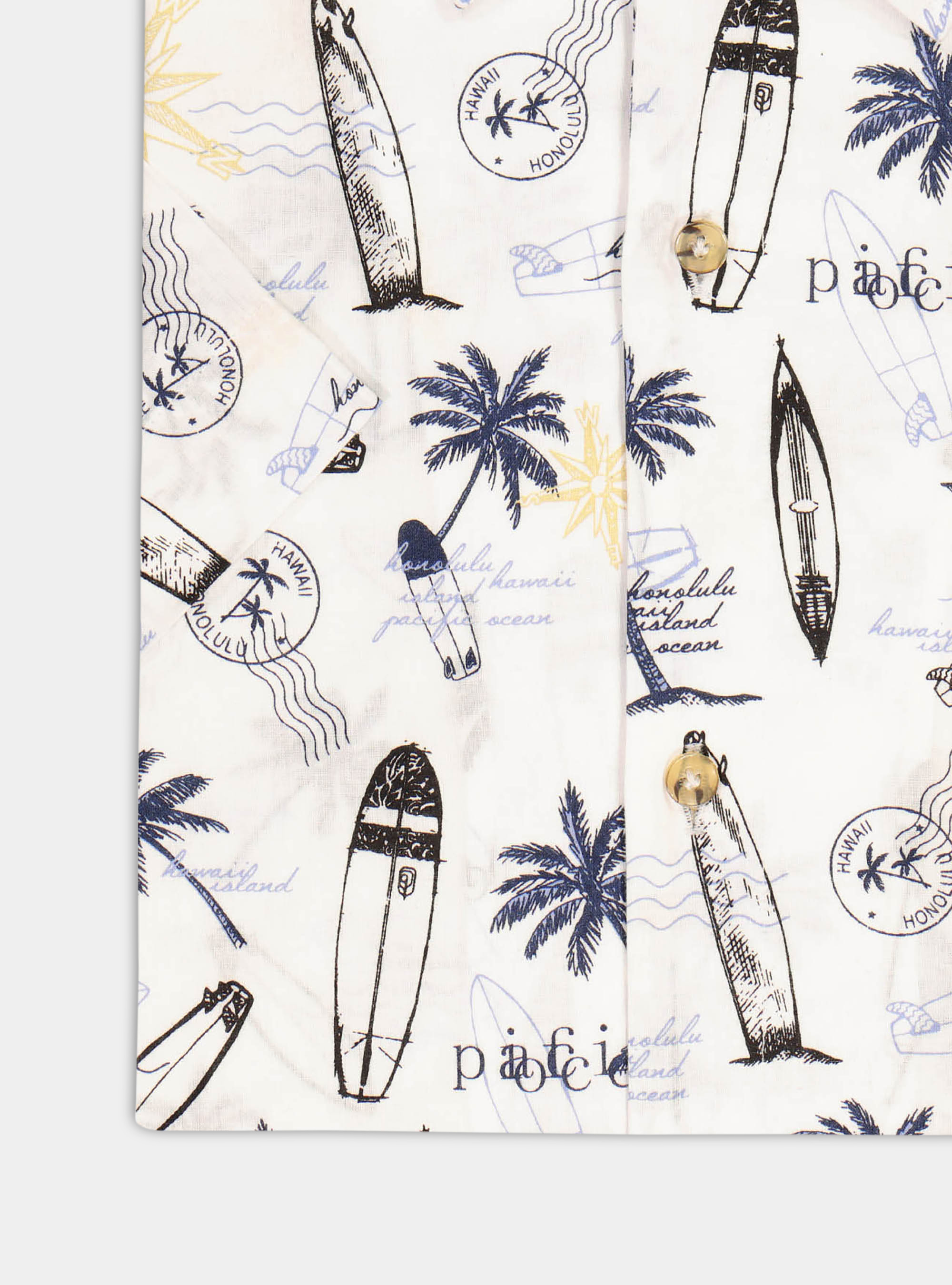 Camicia collo bowling stampa hawaiana, ECRU