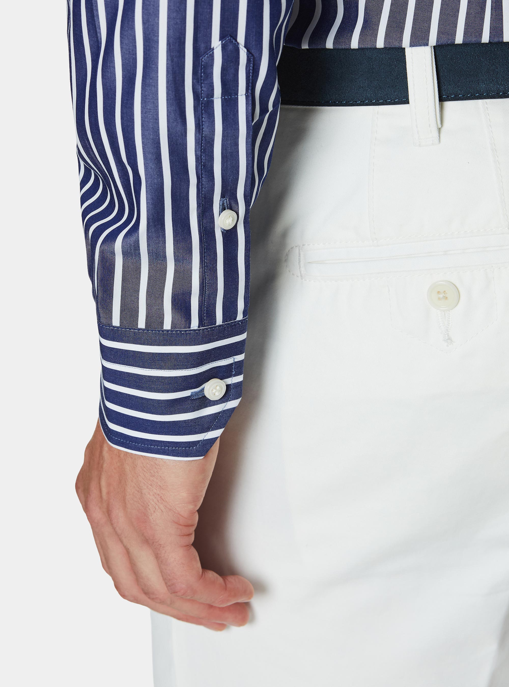 Camisa a rayas de popel&iacute;n de algod&oacute;n, AZUL MARINO