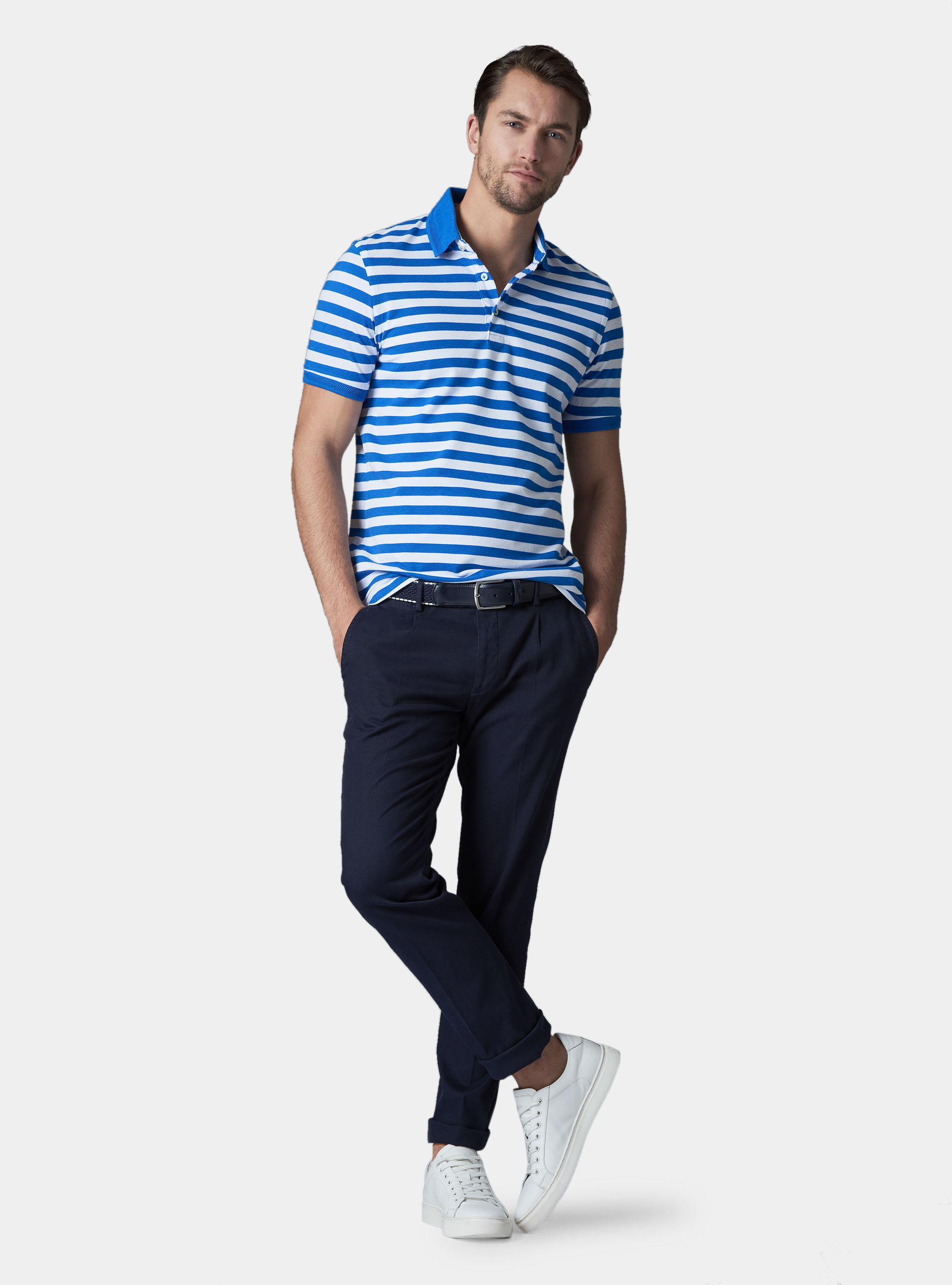 Polo de rayas en algod&oacute;n piquet stretch, AZUL ROYAL