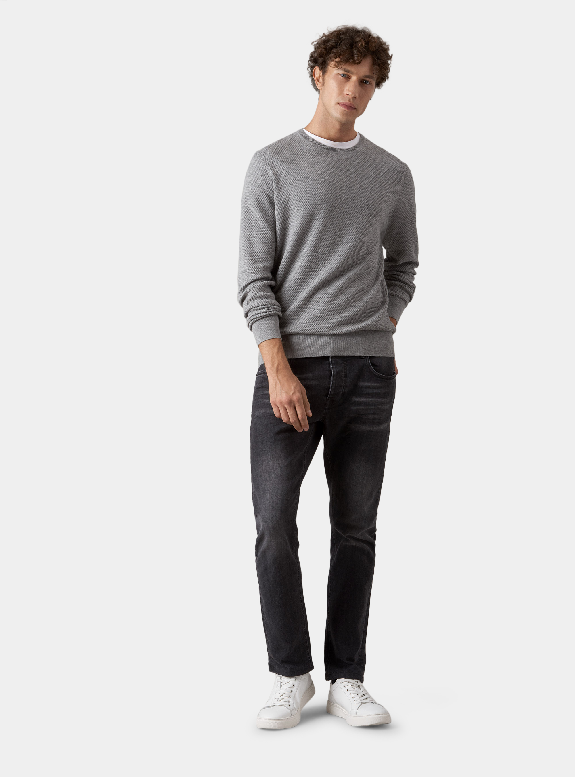 Maglia con collo rotondo in cotone e cashmere, GRIGIO CHIARO MELANGE