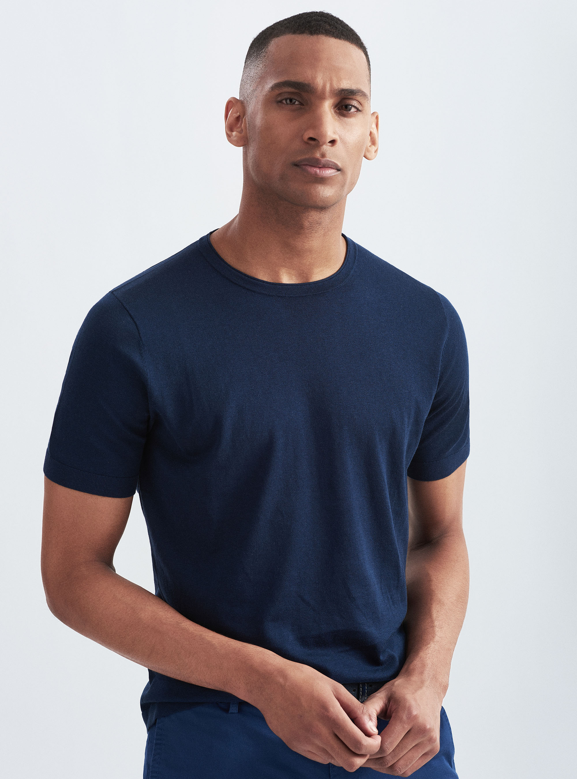 Silk and cotton half-sleeved sweater, NAVY BLUE