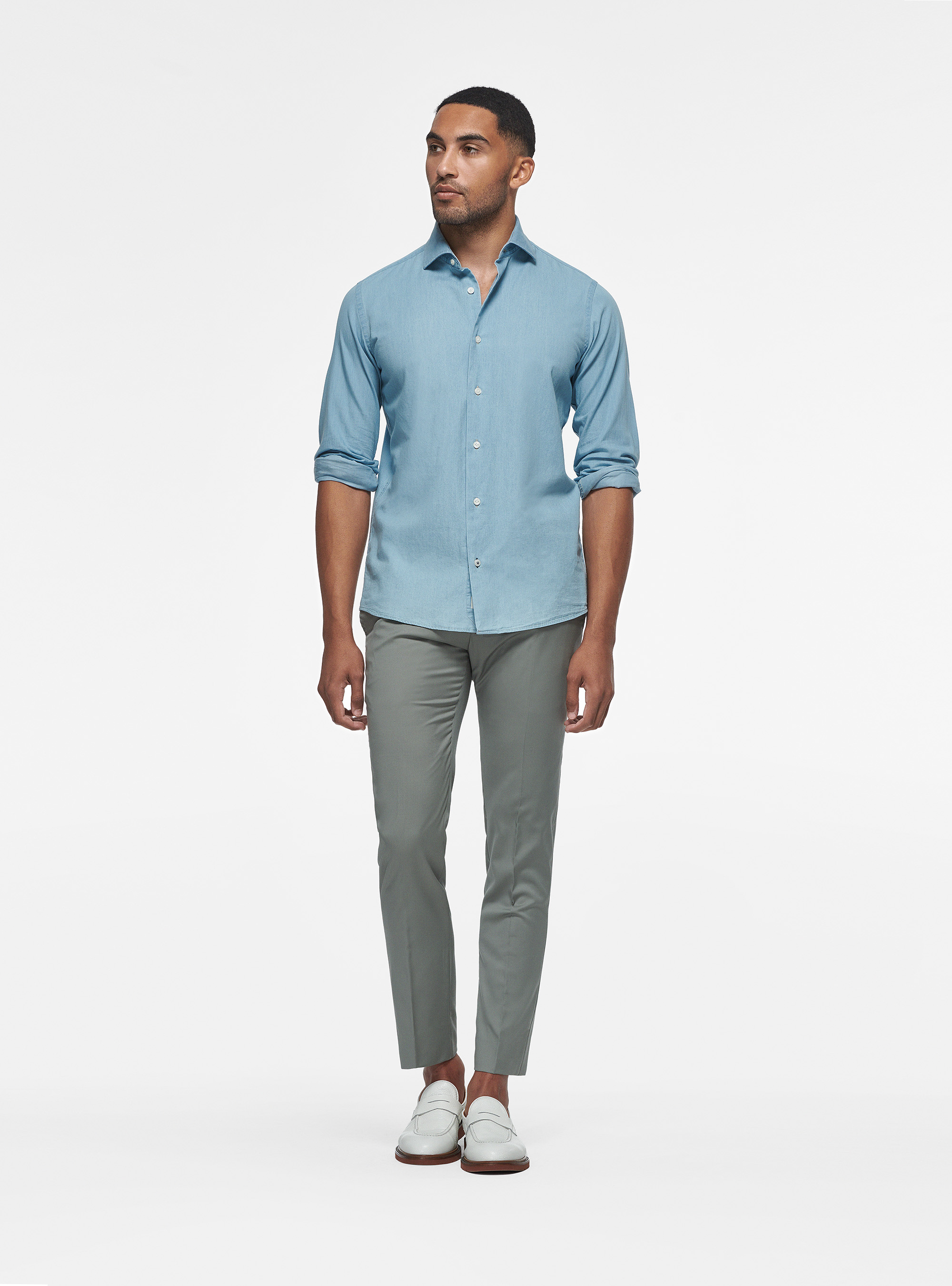 Camicia in cotone chambray, AZZURRO