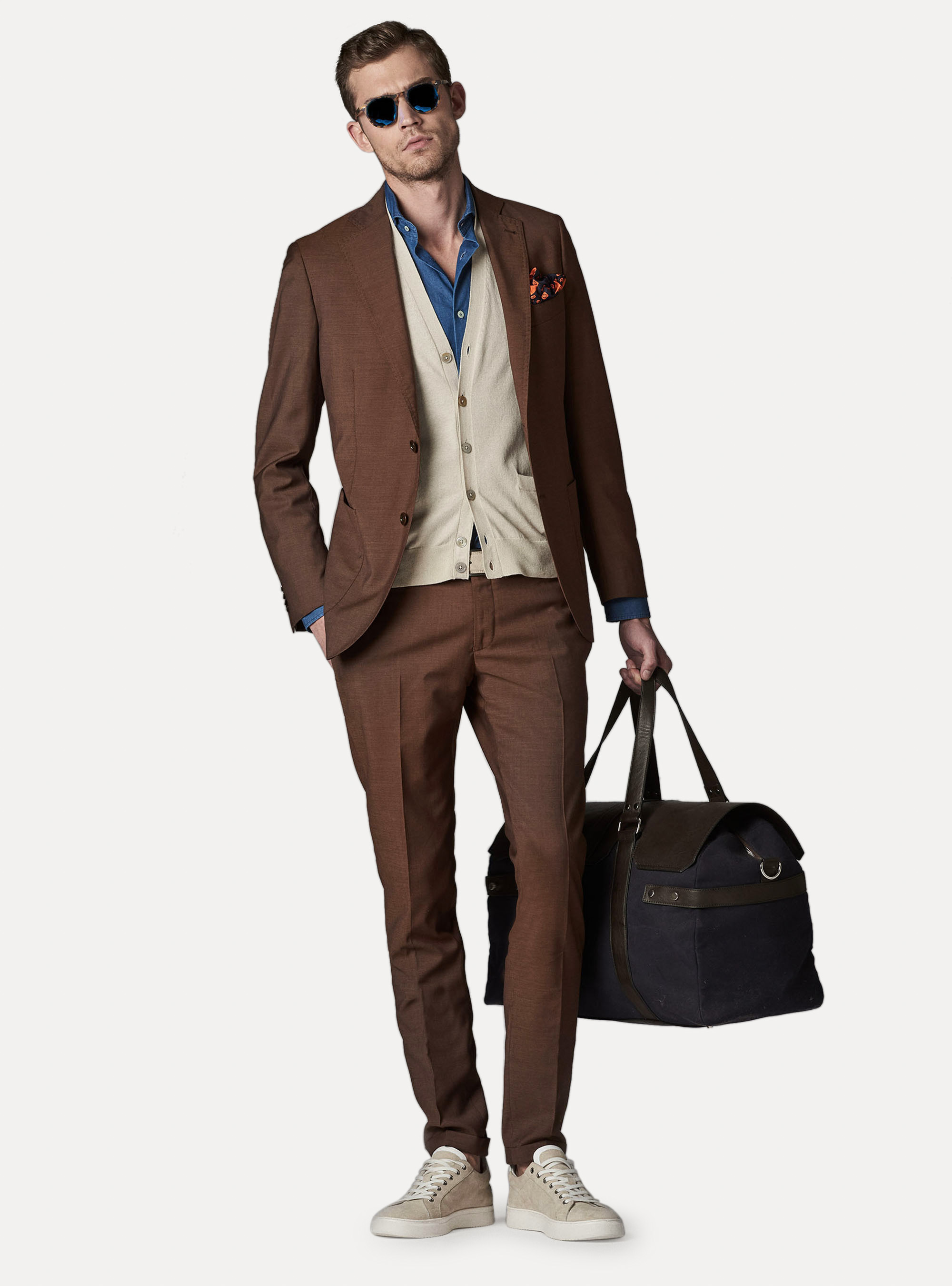 Pantaloni per abito in lana micro texture super 100, TABACCO