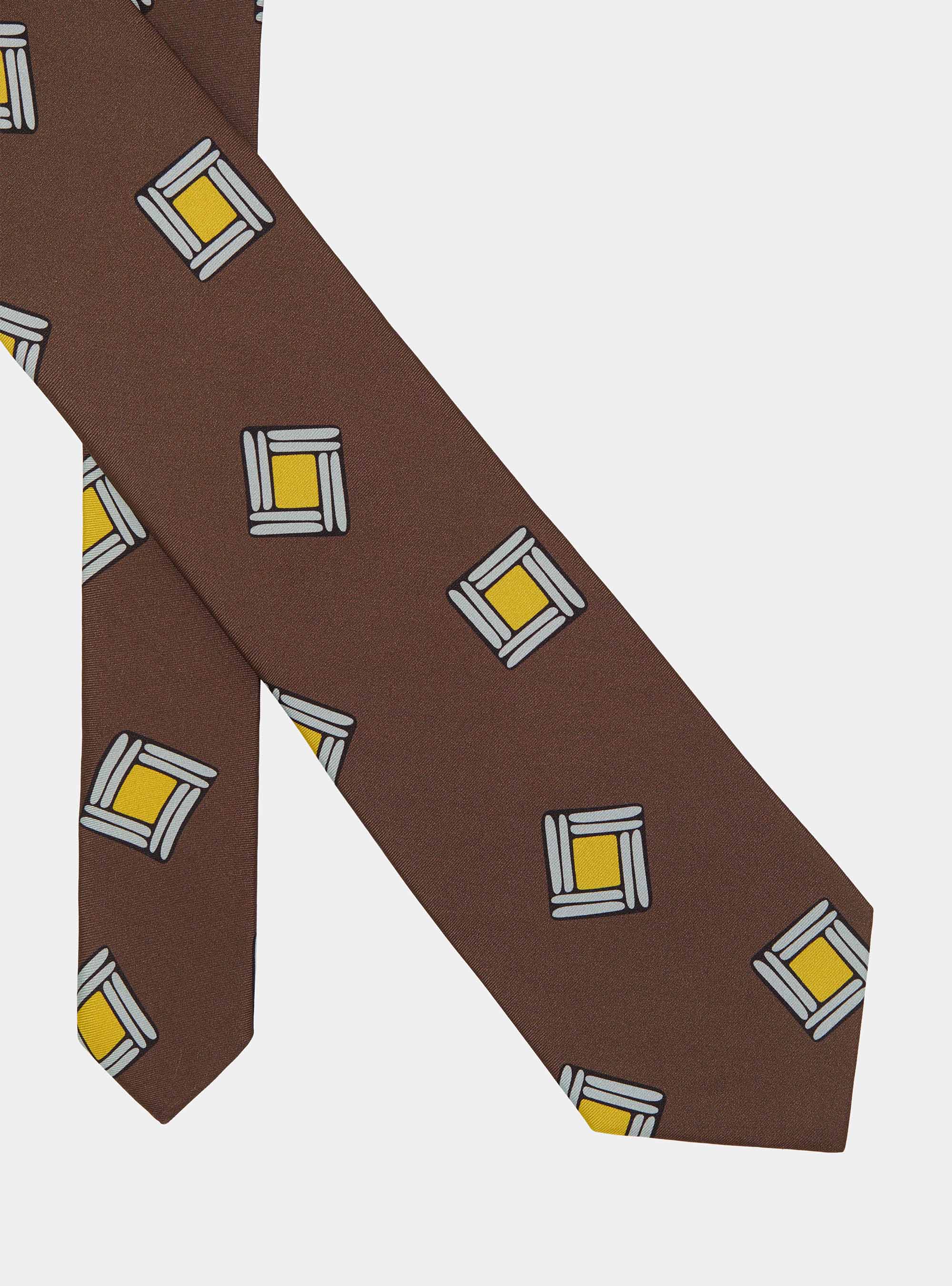 Silk twill tie with geometric print, BROWN