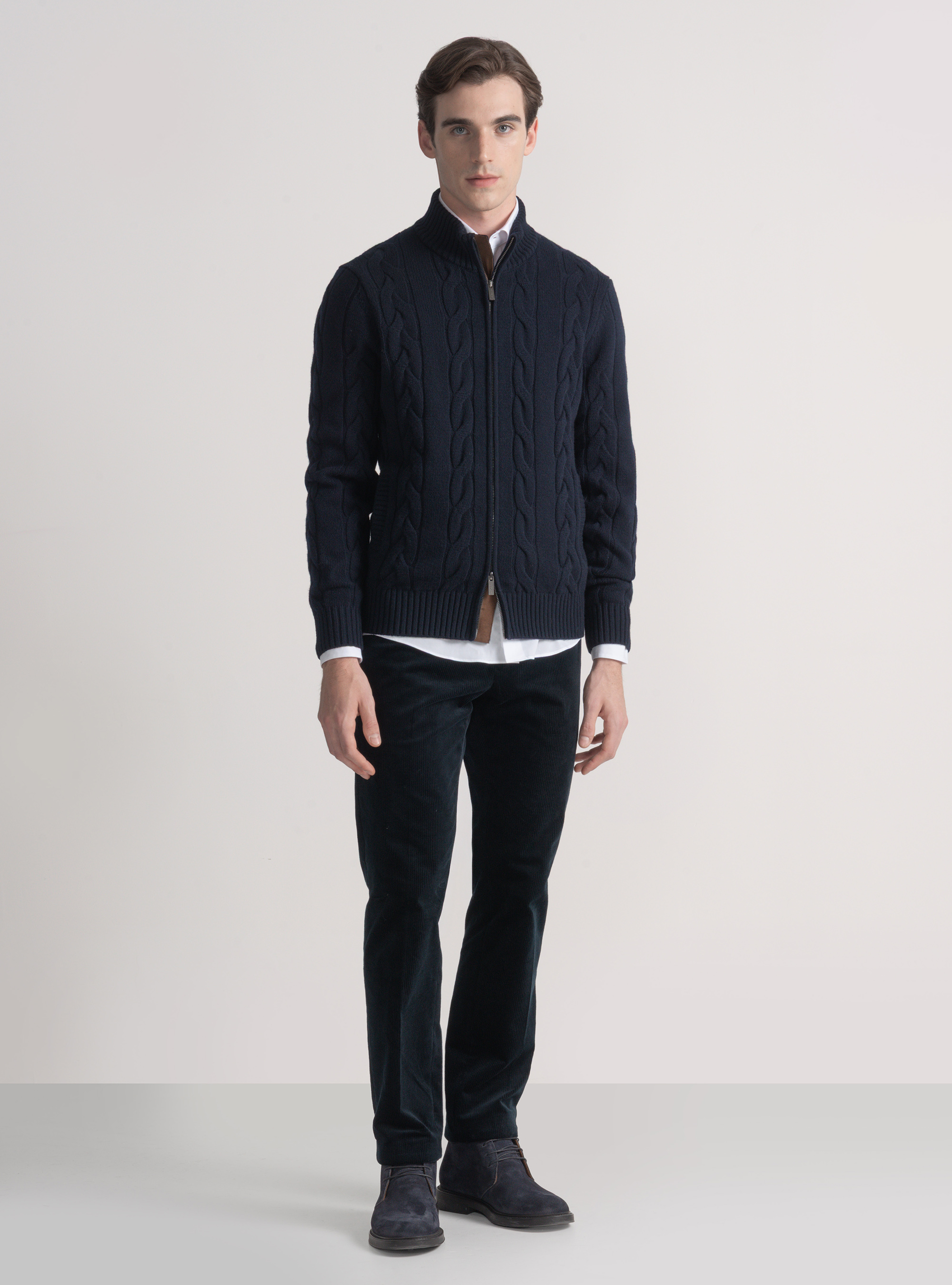 Maglia con zip e treccia in lana cashmere, BLU NAVY