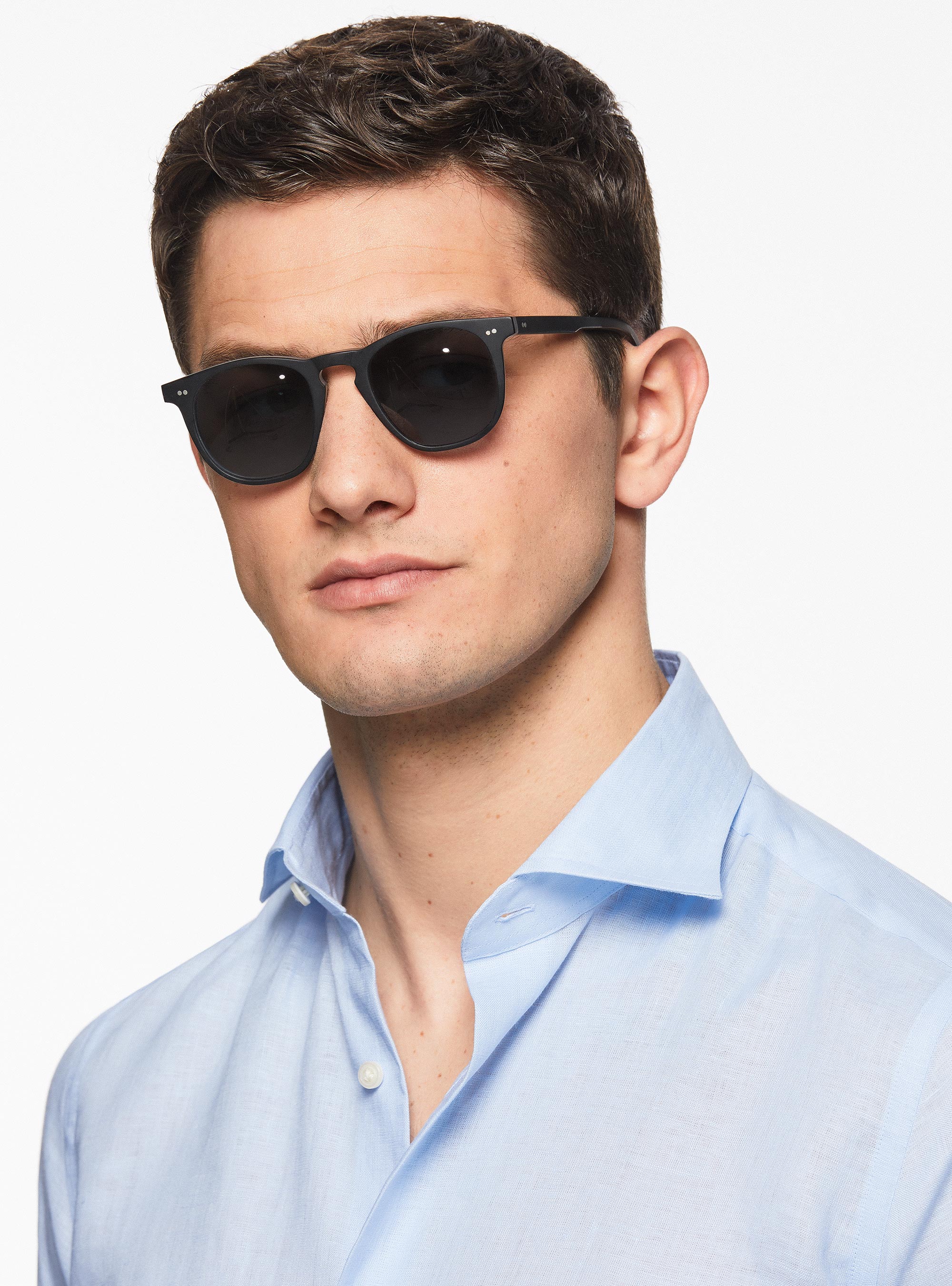 Camisa de lino puro con cuello semifranc&eacute;s, CELESTE