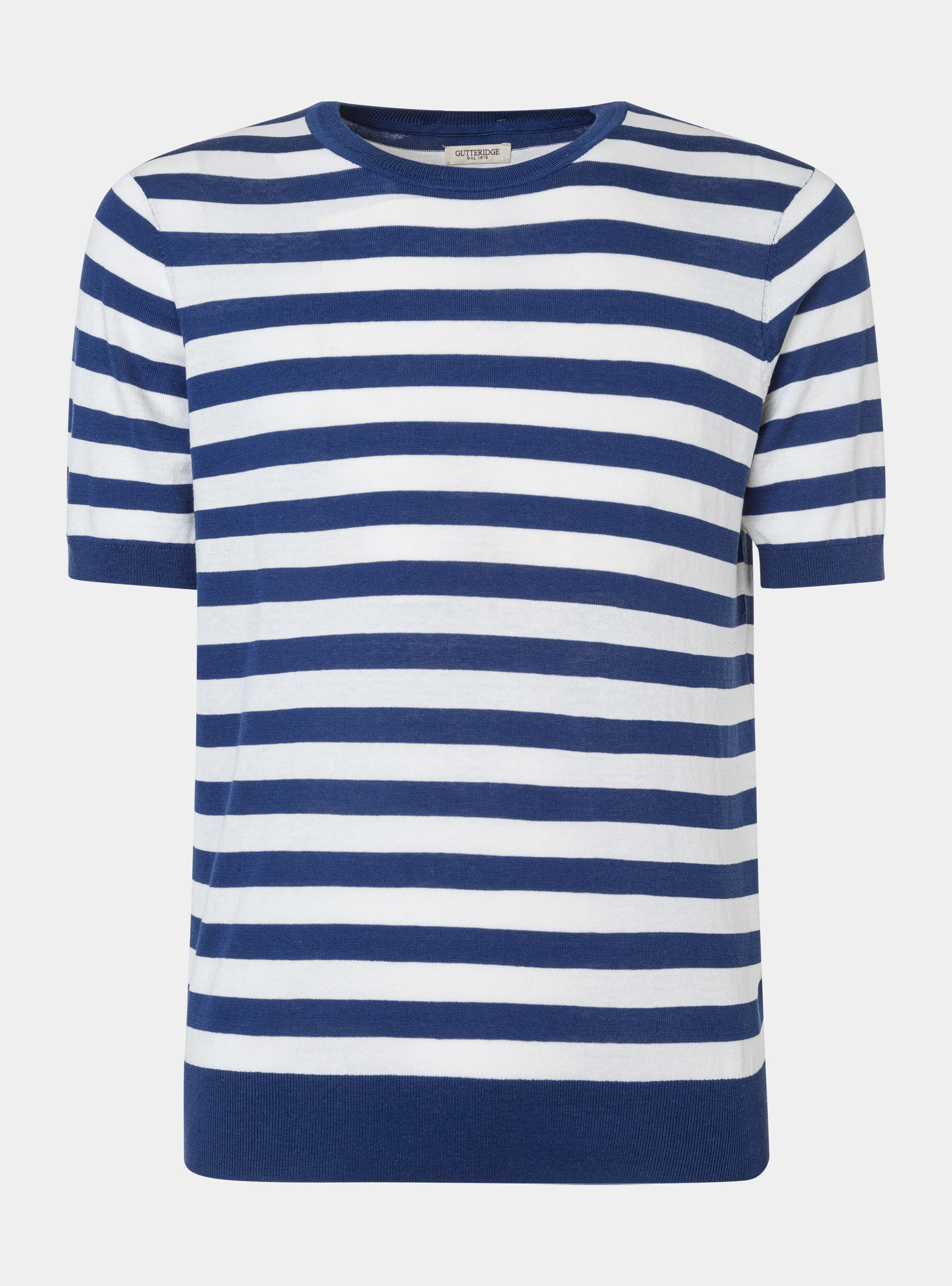 Jersey de seda y algod&oacute;n a rayas con cuello redondo, AZUL MEDIO