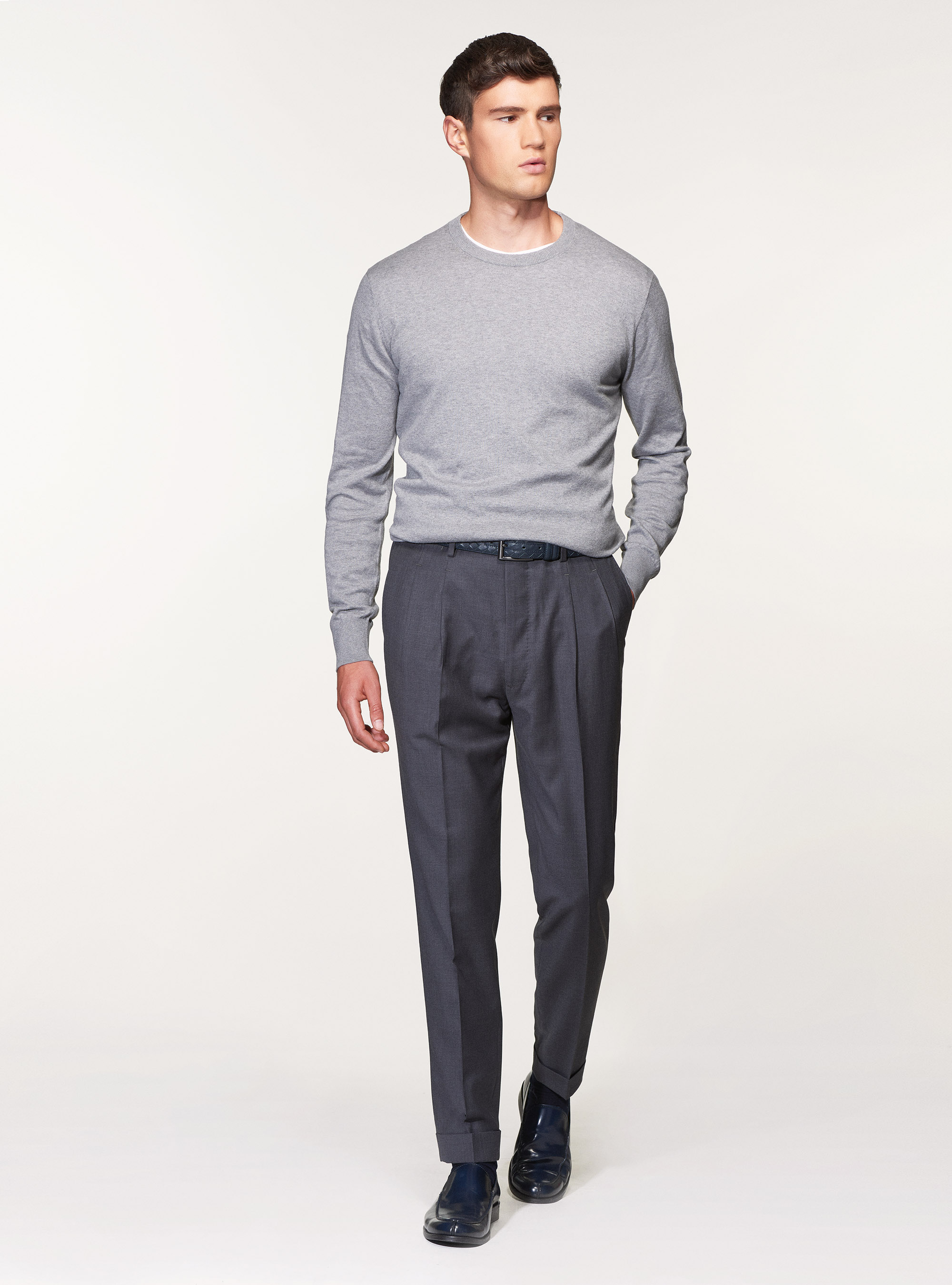 Pantaloni doppia pince in pura lana superfine 120's, GRIGIO CHIARO