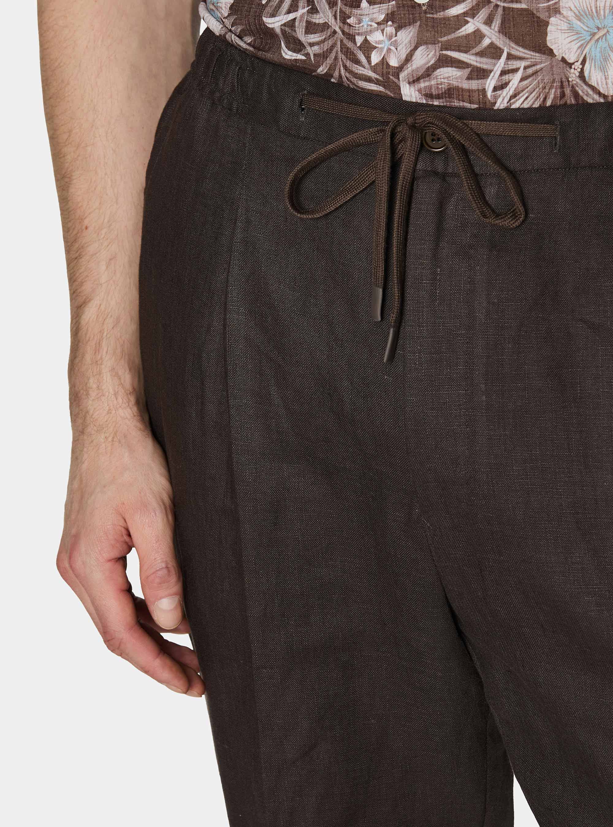 Pantal&oacute;n de lino puro con pinzas y cord&oacute;n de ajuste, MARRON