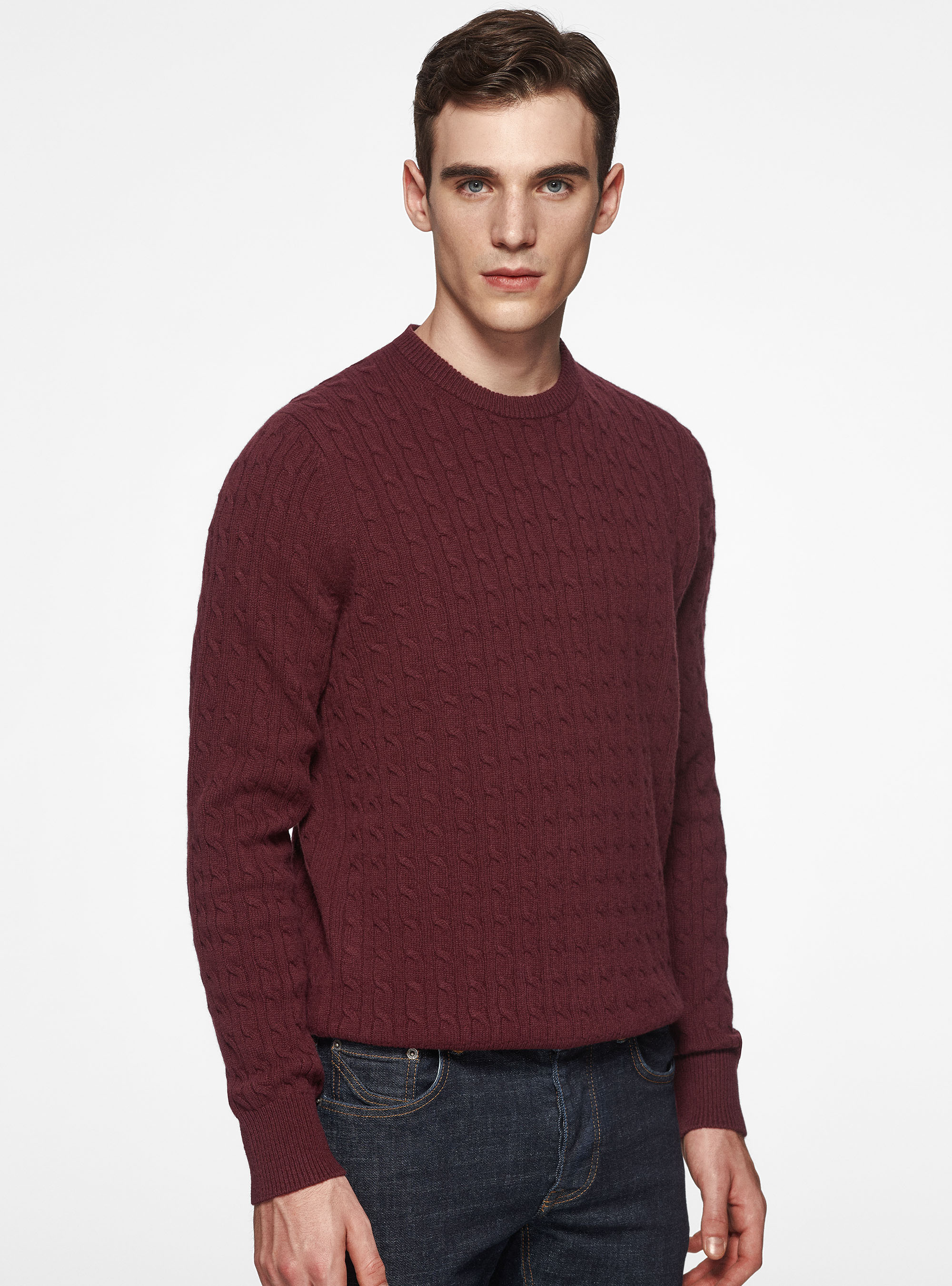 Maglia girocollo con treccia in lana e cashmere, BORDEAUX