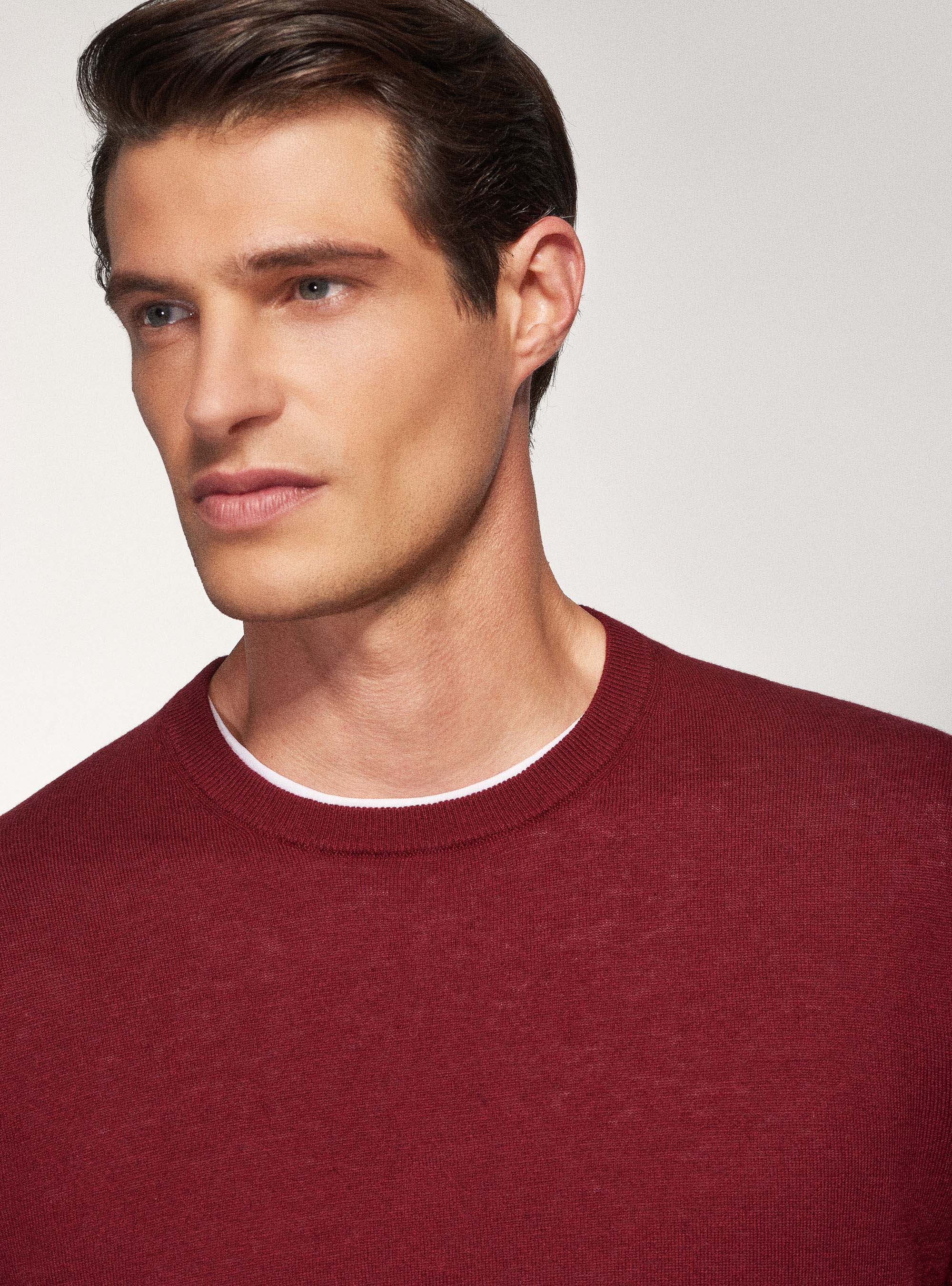 Pull &agrave; col rond en coton, soie et cachemire, BORDEAUX