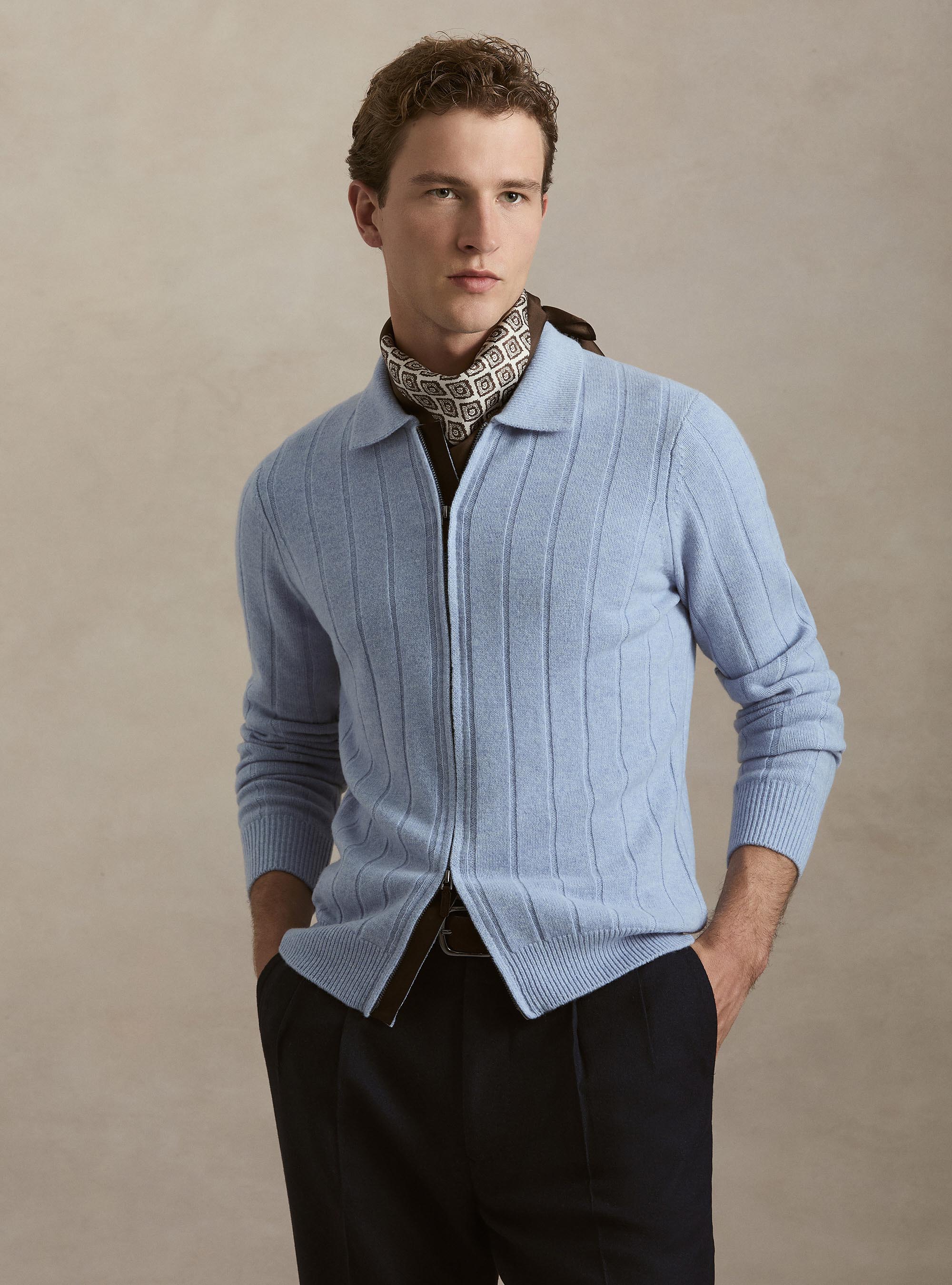 Full-zip wool-cashmere flat-ribbed sweater, AZZURRO POLVERE 0283C
