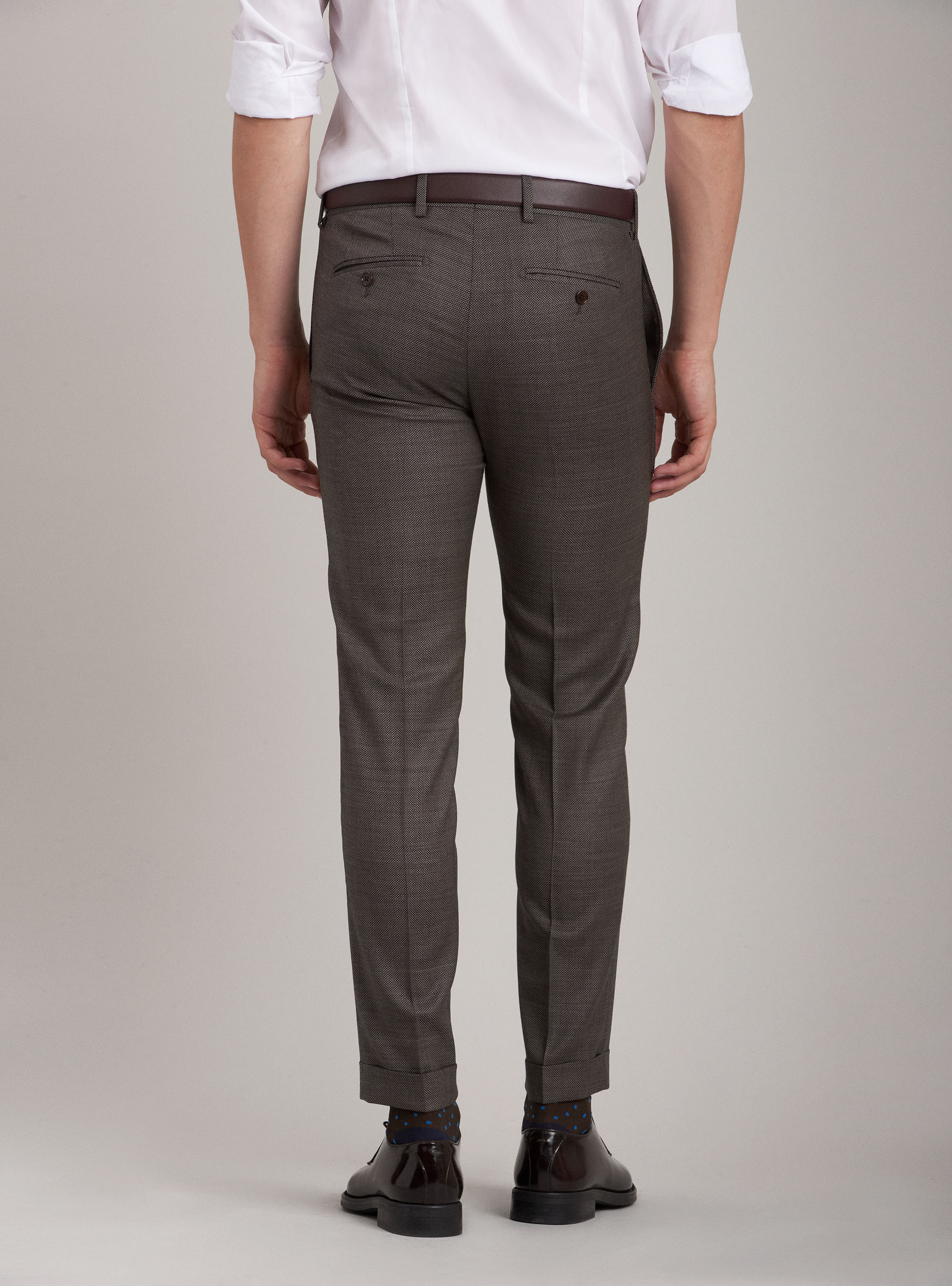 Pantaloni per abito occhio di pernice in pura lana, MARRONE