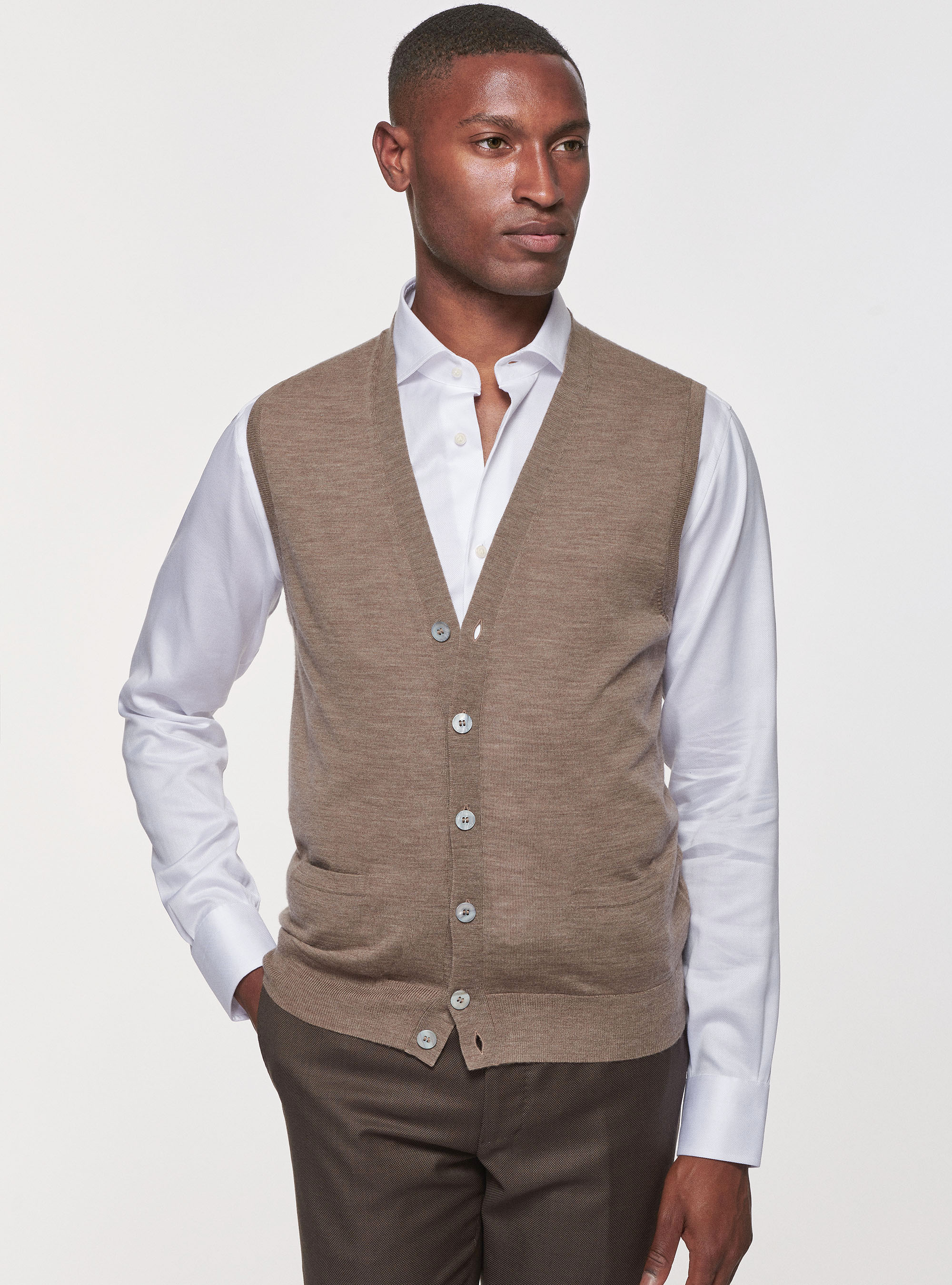Gilet in maglia in pura lana merino, FANGO