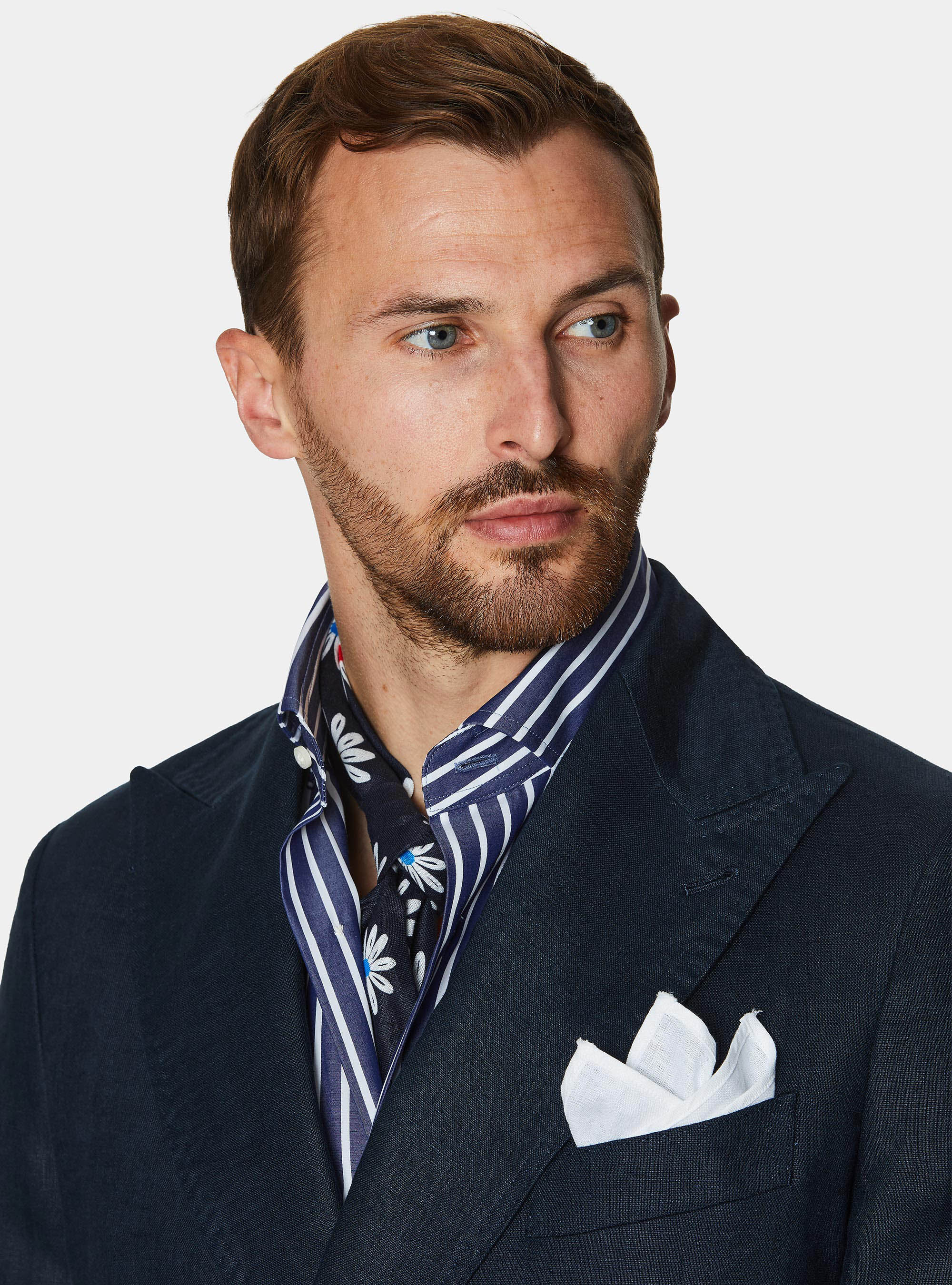 Double-breasted linen blazer with metal button, NAVY BLUE