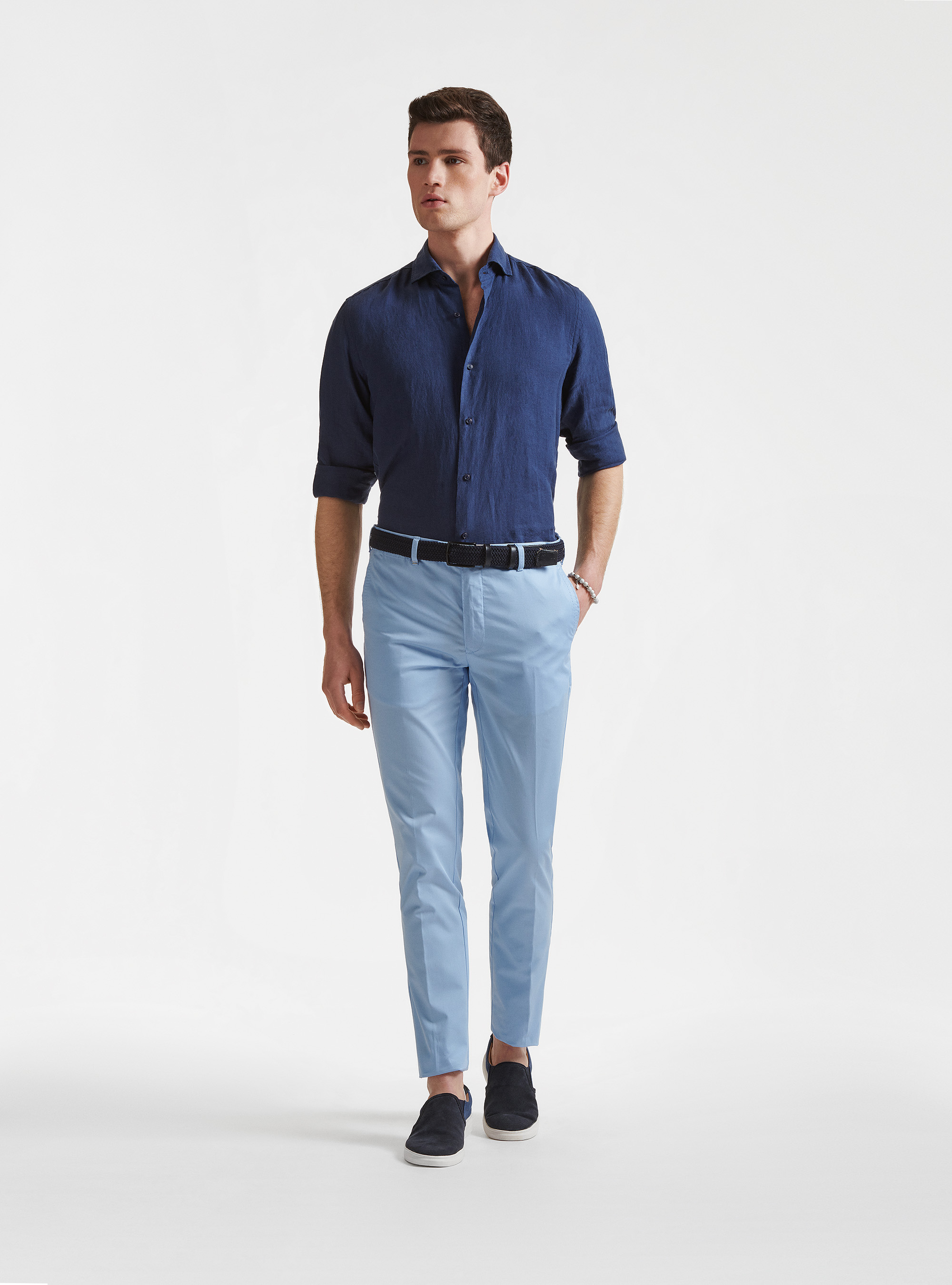 Semi-French collar shirt in pure linen, NAVY BLUE