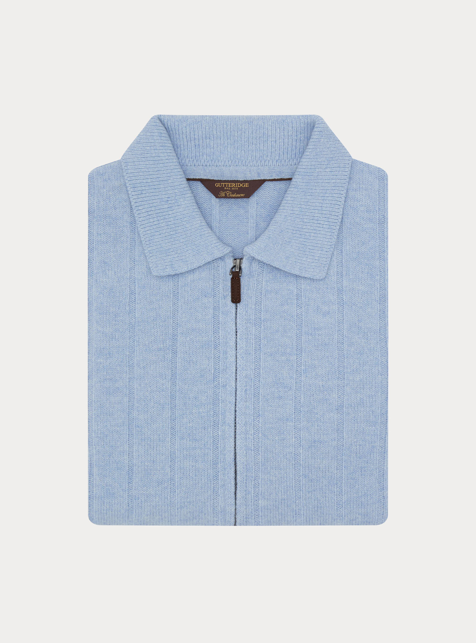 Full-zip wool-cashmere flat-ribbed sweater, AZZURRO POLVERE 0283C