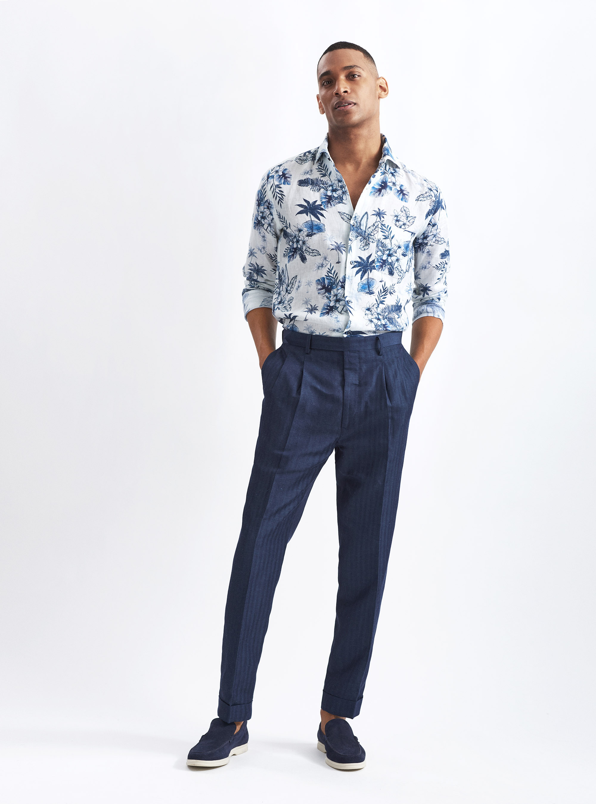 Pantaloni per abito in misto lino, BLU NAVY