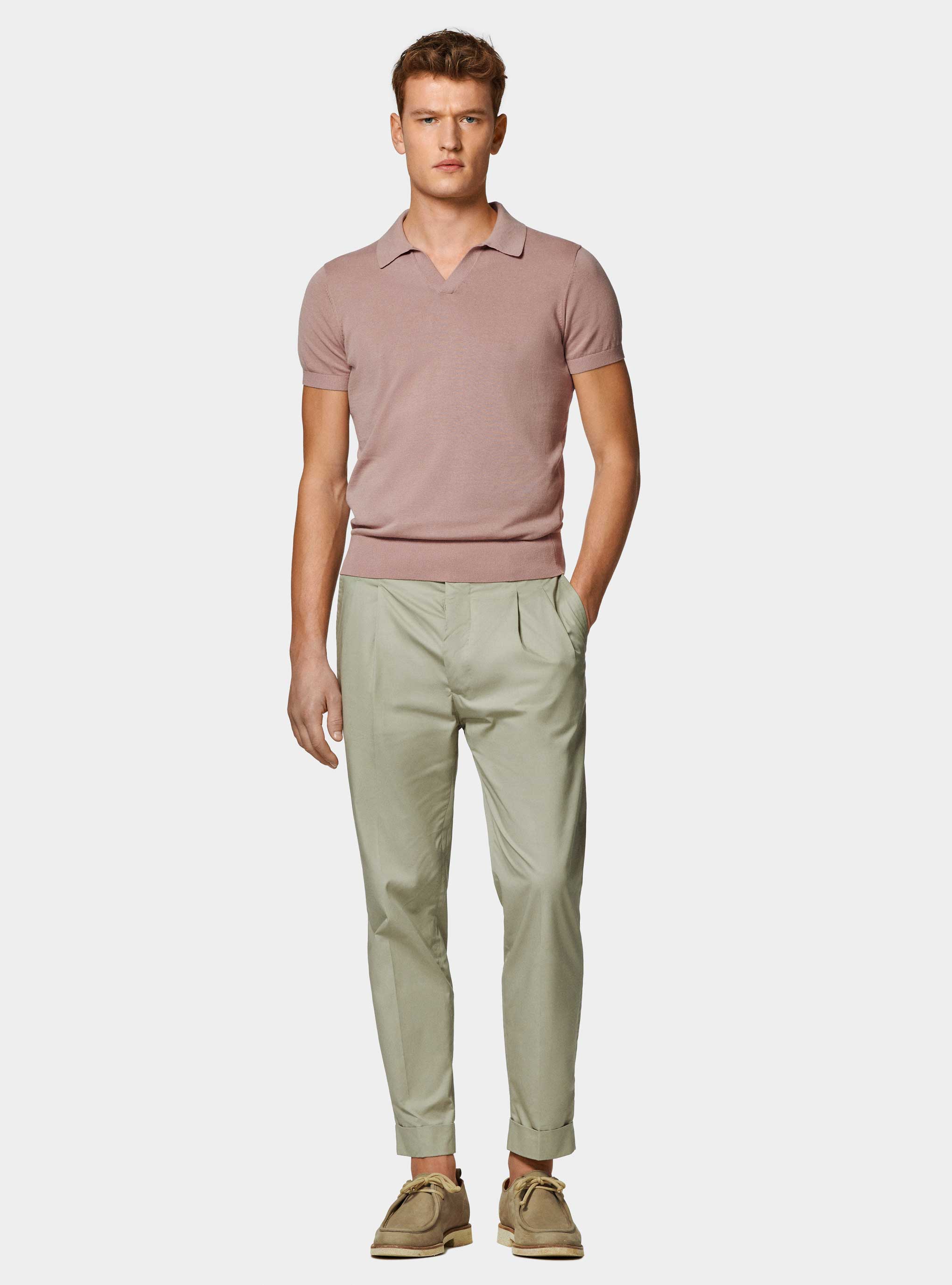 Polo in maglia senza bottoni in cotone extrafine, 0441C ROSA SCURO