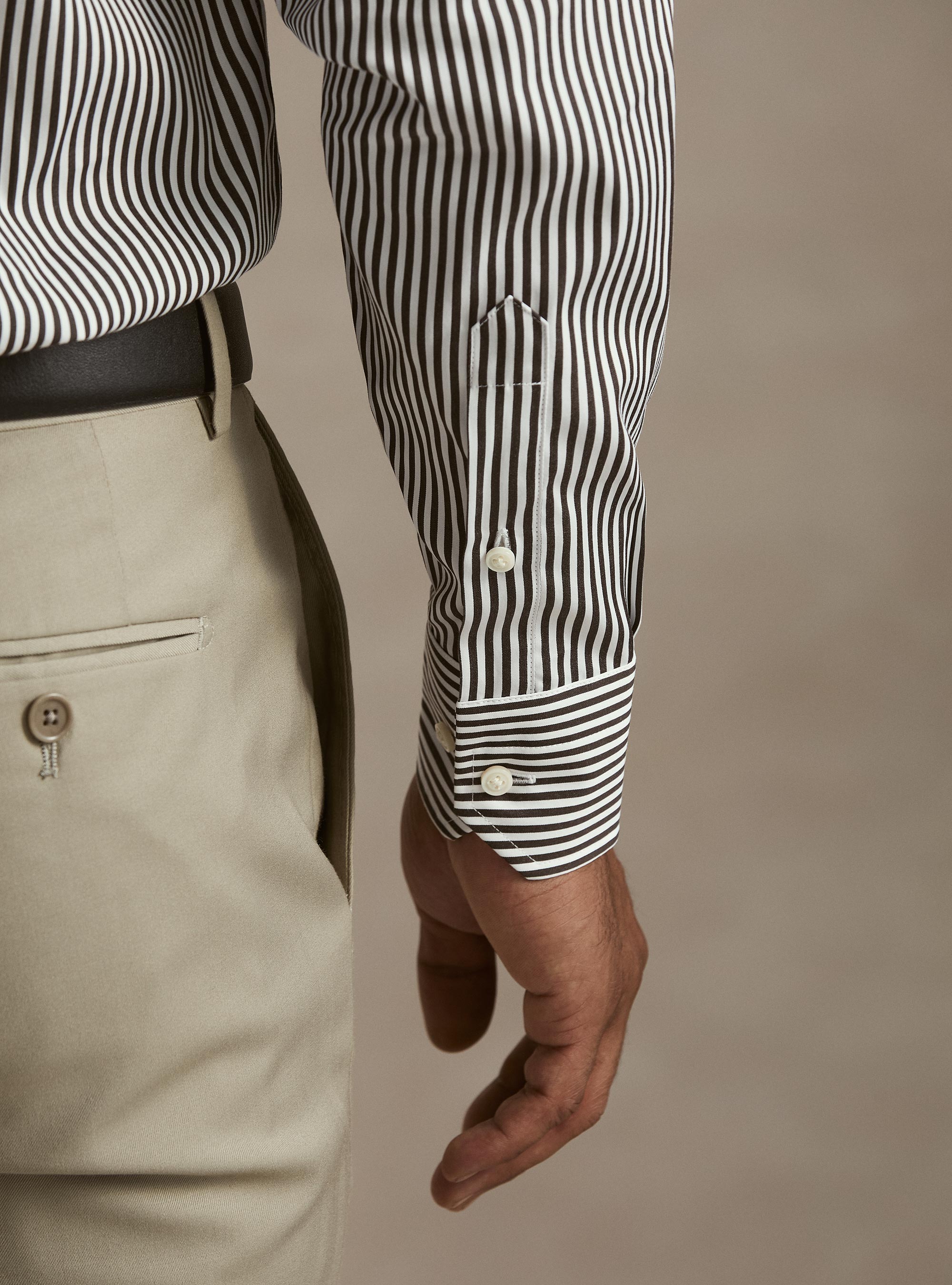 Camicia rigata cotone popeline collo semifrancese, MARRON