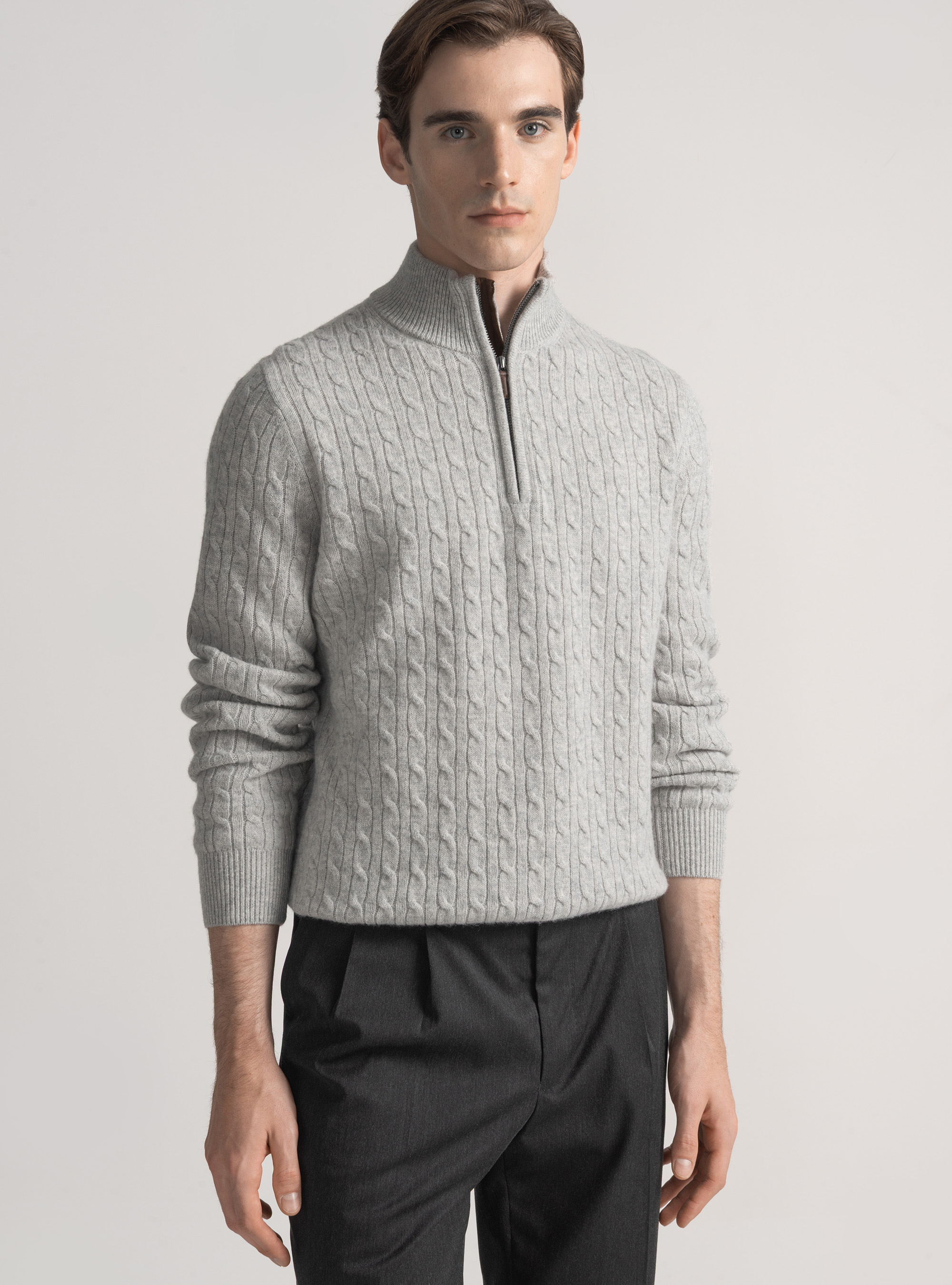 Sweater with mock neck and cashmere wool braid, LIGHT GREY MELANGE