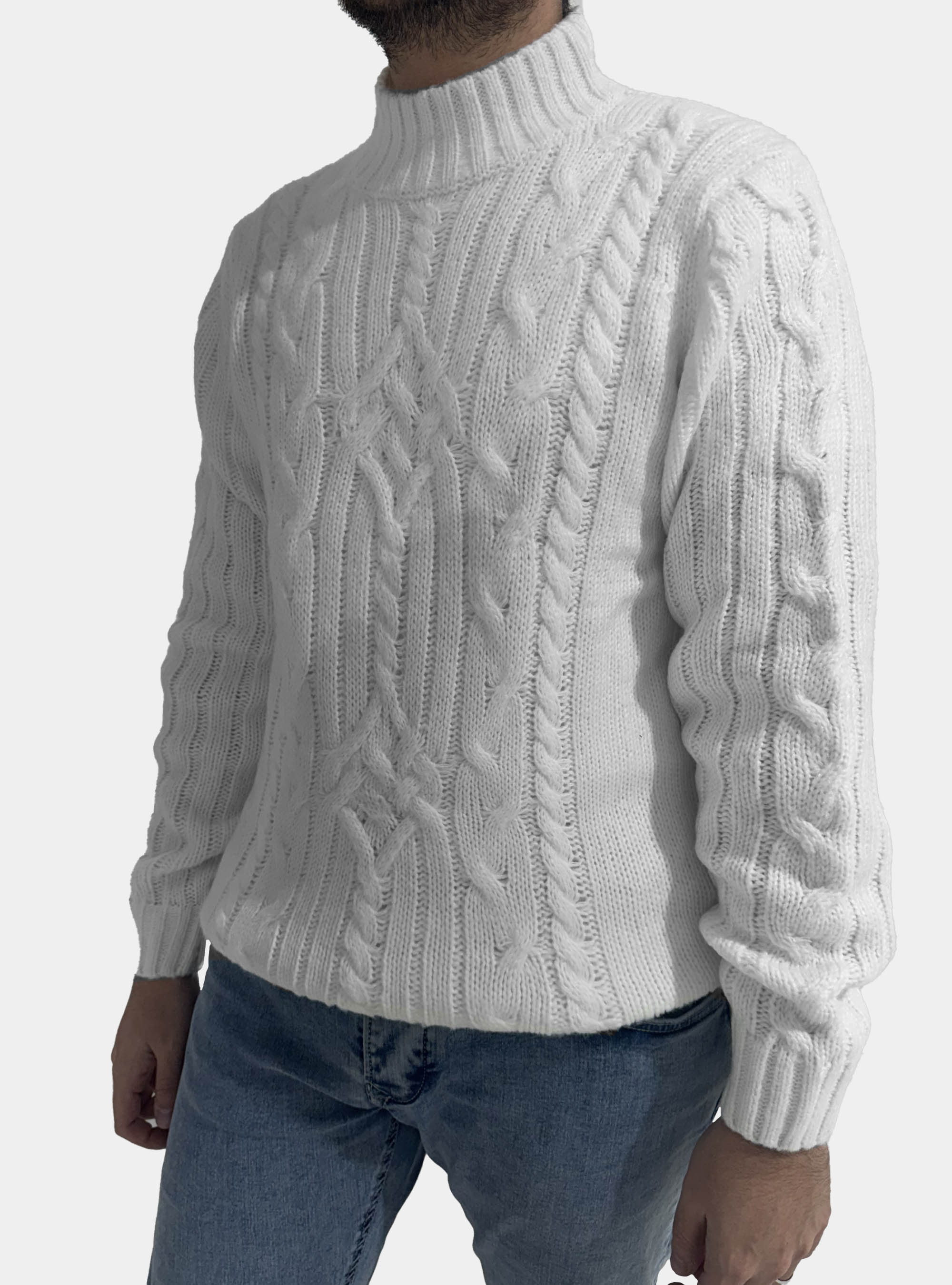 Maglia mock nek con treccia, BIANCO