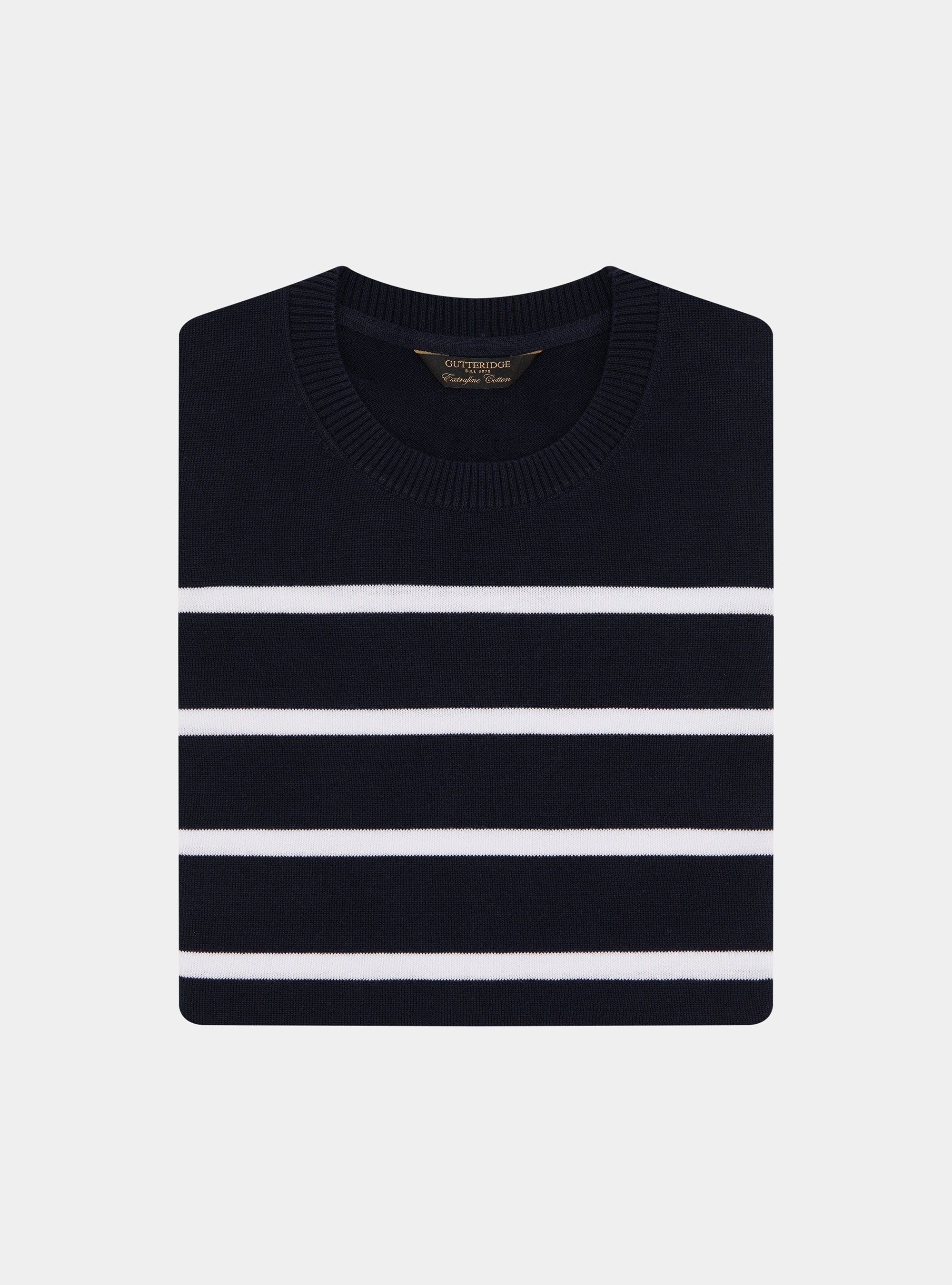 Crew-neck sweater in extra-fine striped cotton, NAVY BLUE