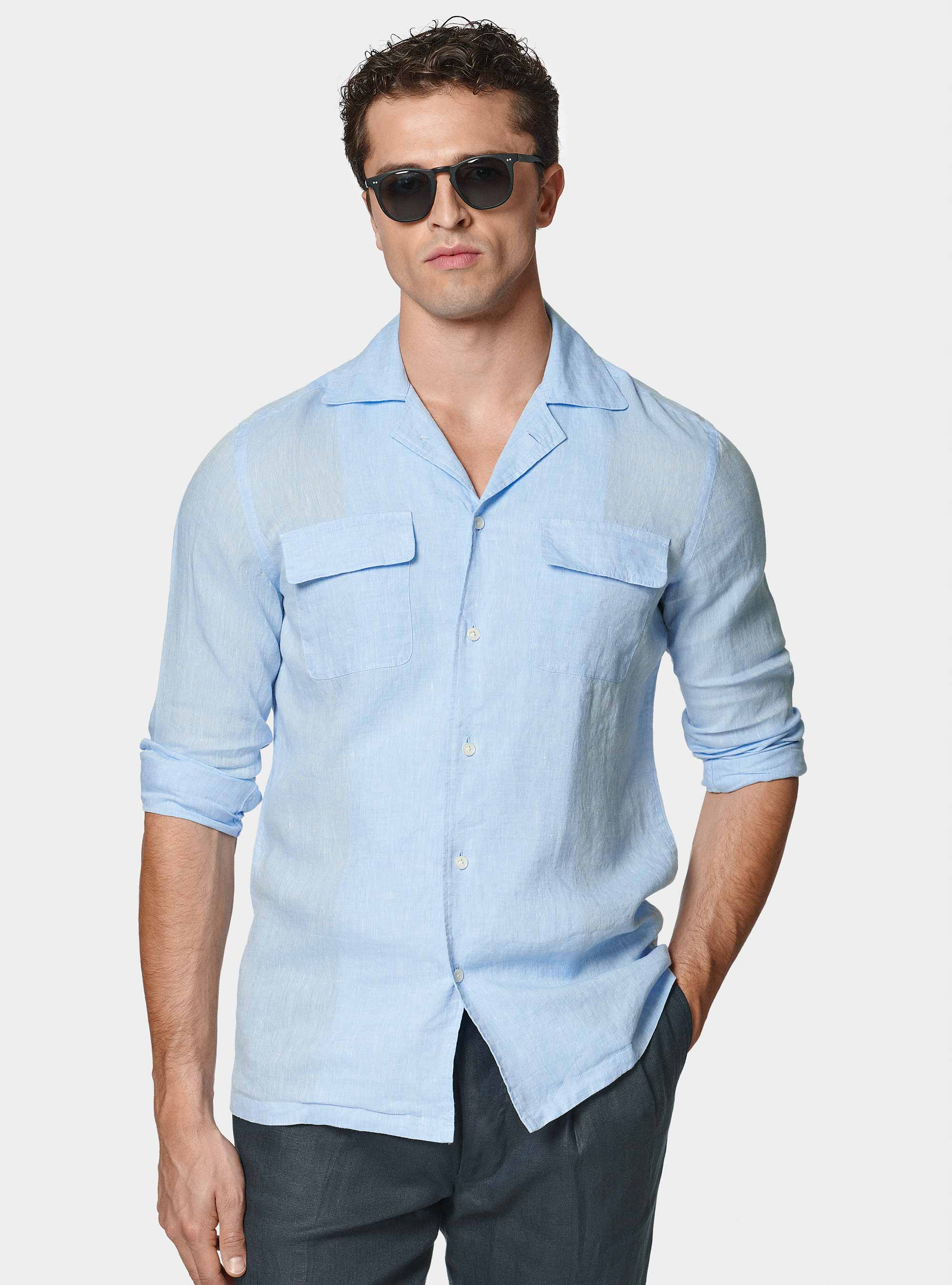 Camisa bowling de lino puro con grandes bolsillos, CELESTE