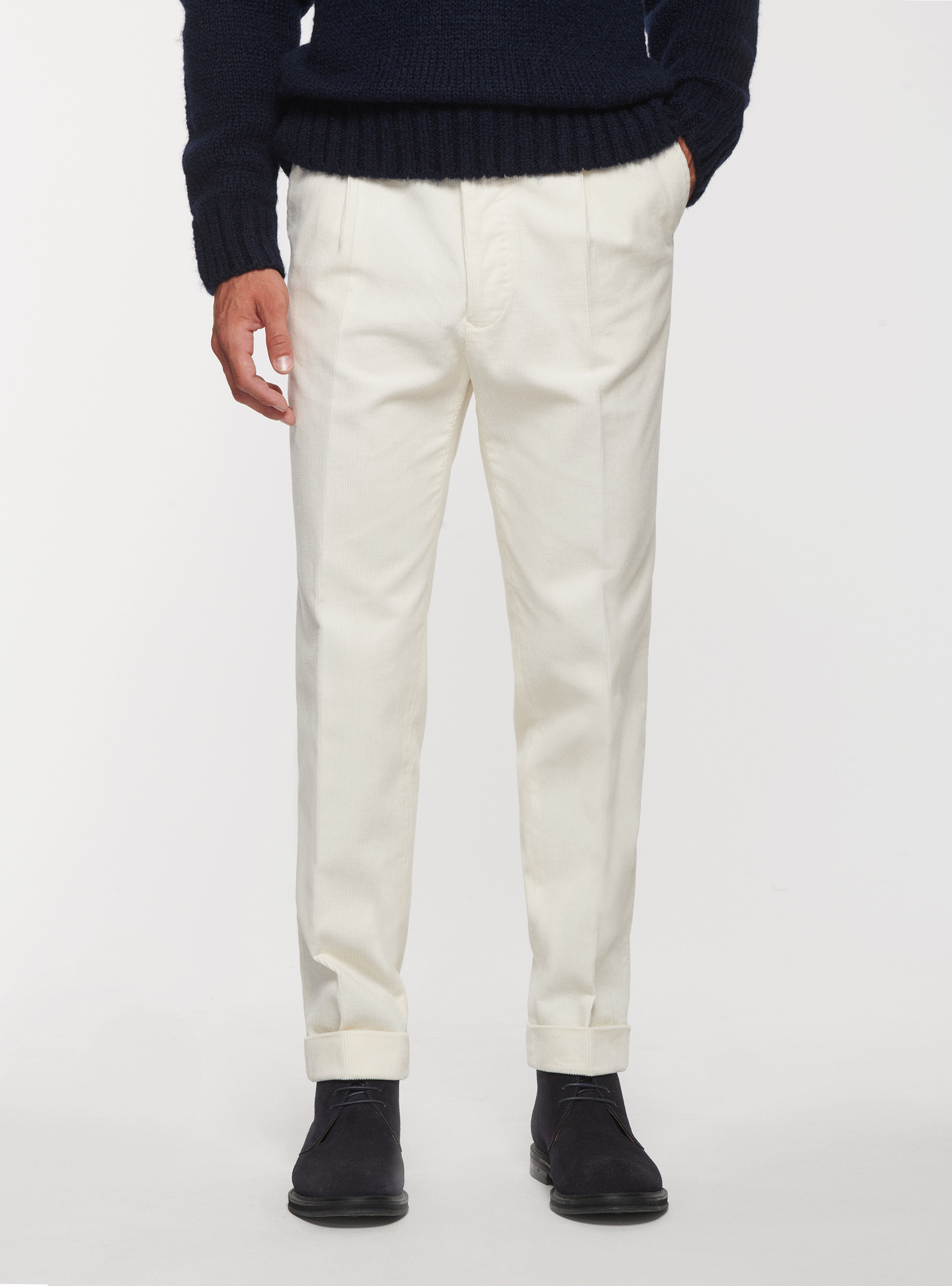 Pantaloni in velluto con pince, BIANCO
