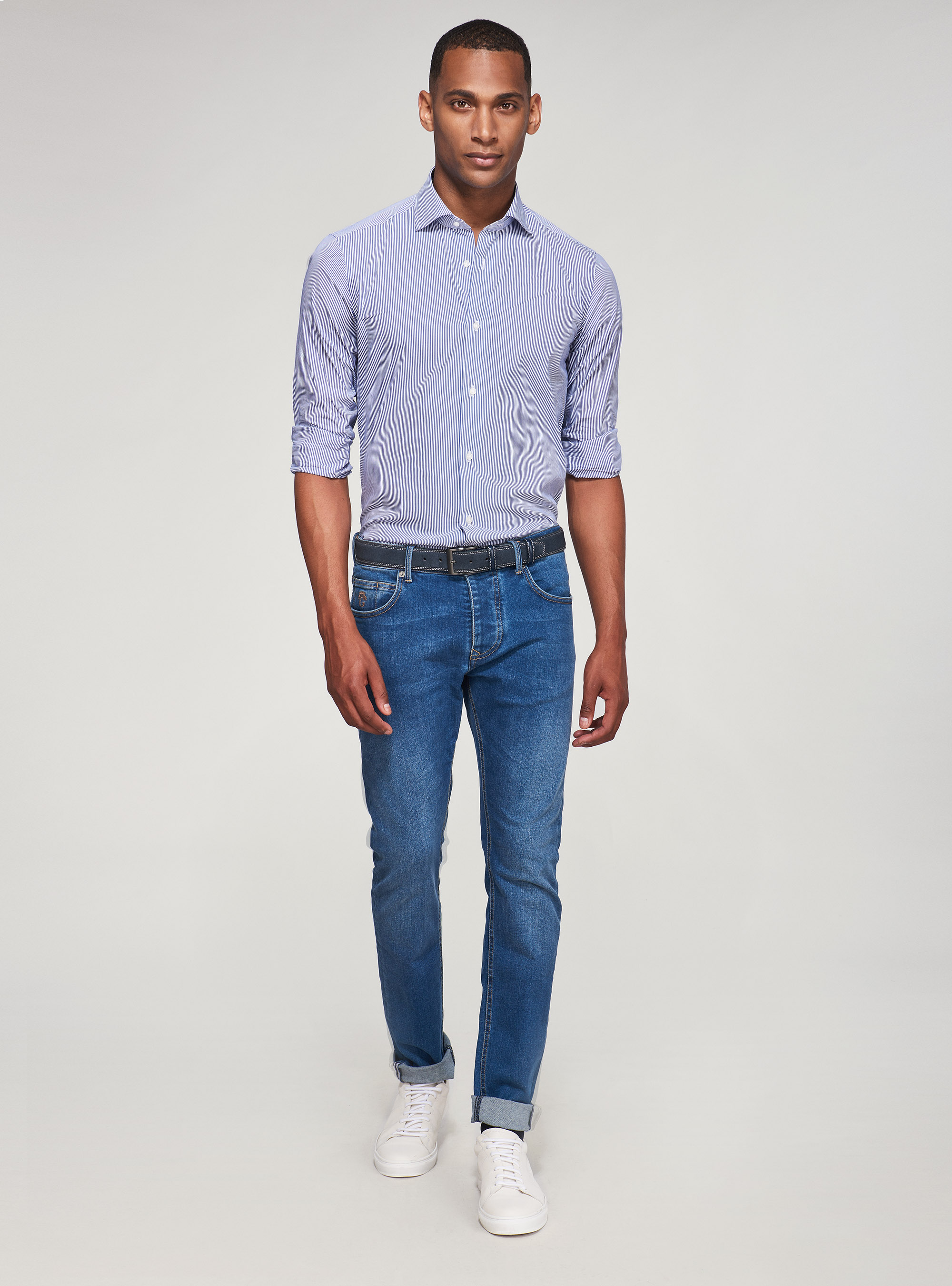 Camicia super slim in cotone stretch rigato, BLU