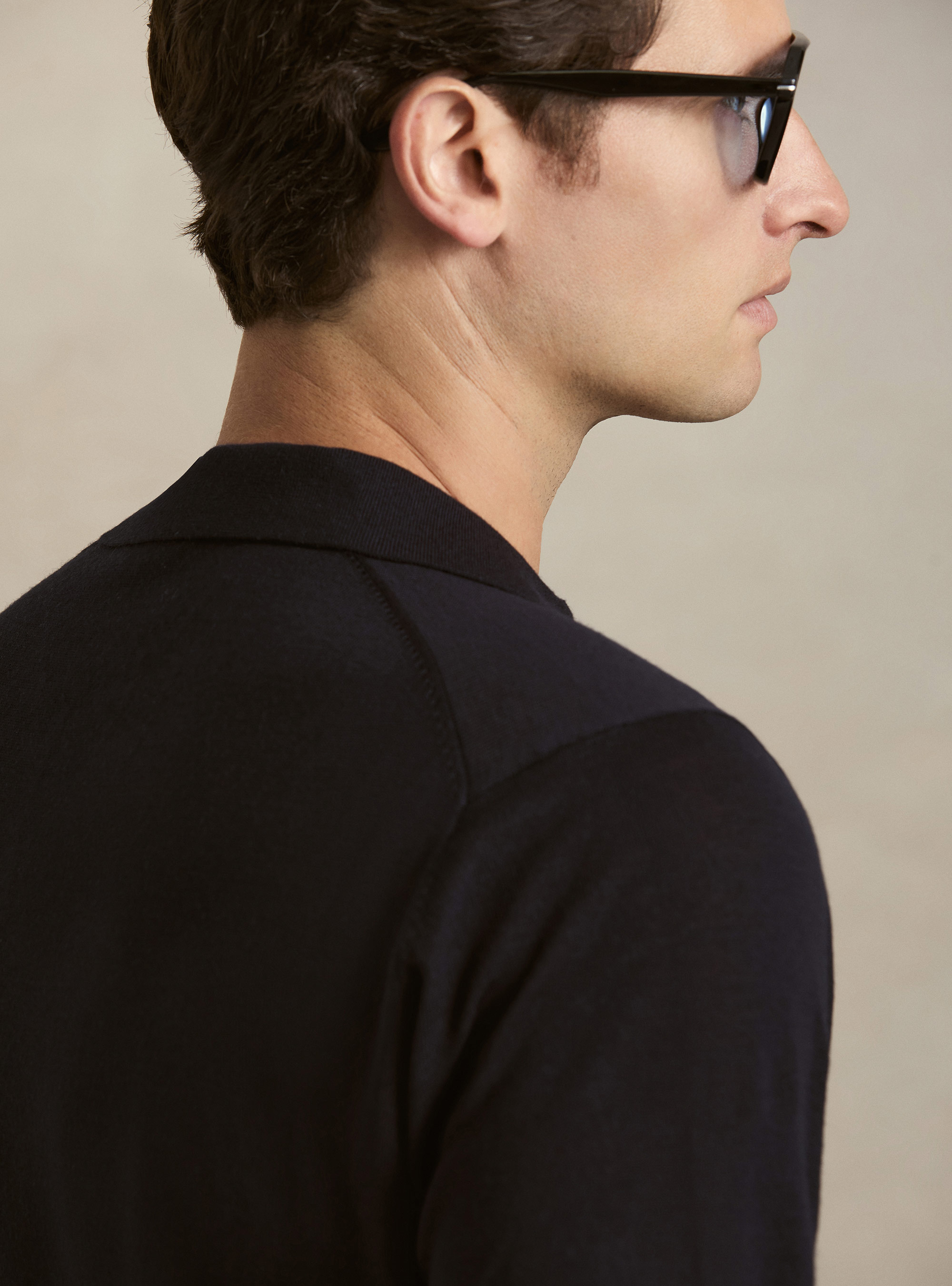 Polo collo senza bottoni in maglia lana merino, BLU NAVY