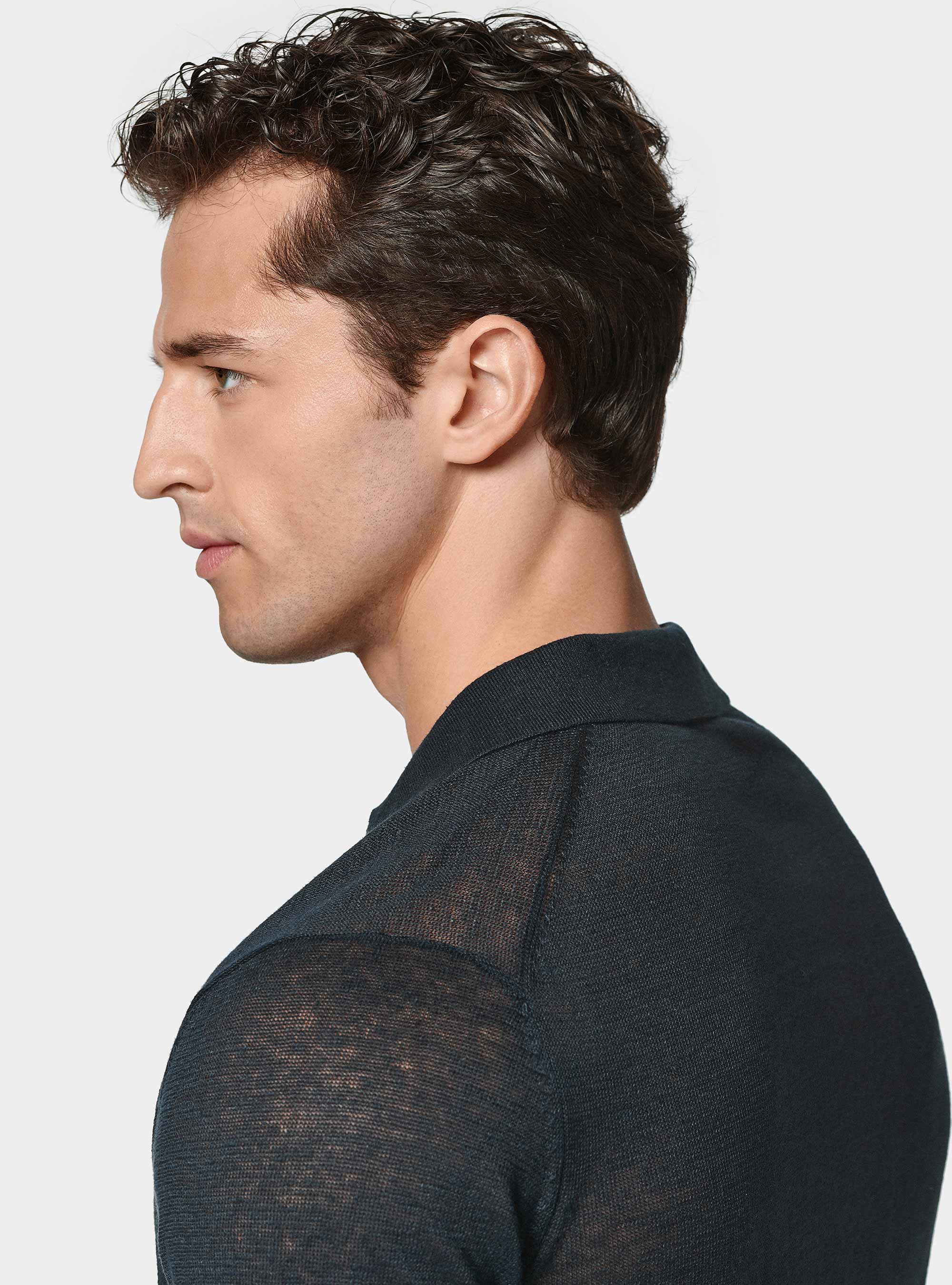 Polo in maglia senza bottoni in puro lino, BLU NAVY