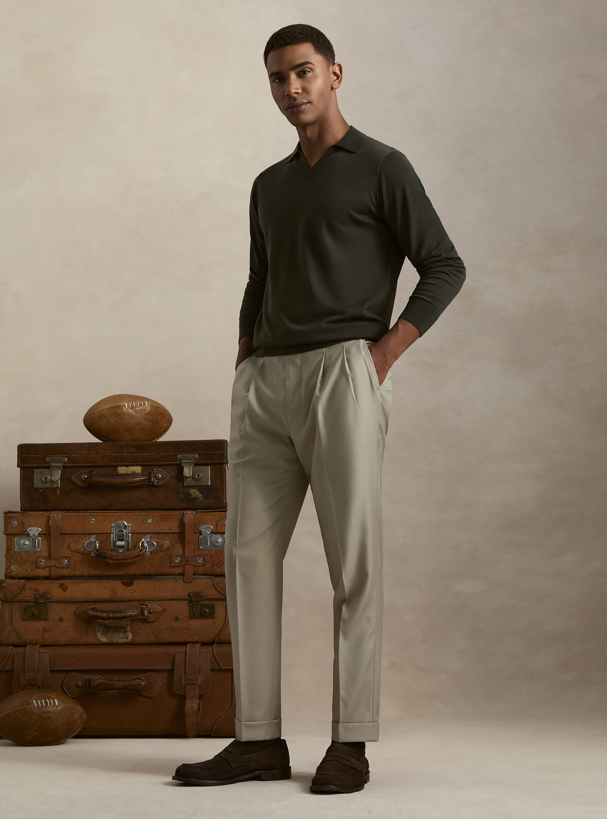 Polo collo senza bottoni in maglia lana merino, MILITARE 0609C
