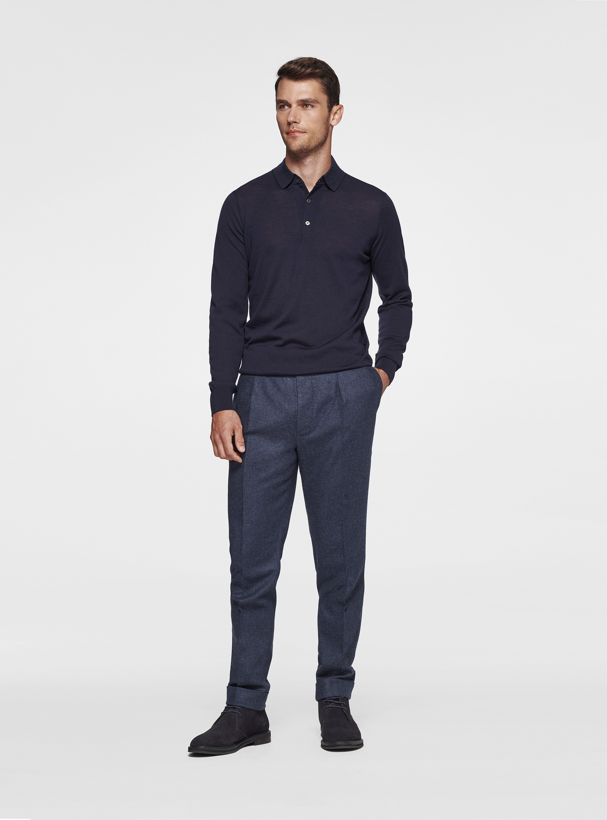 Polo shirt in pure extra-fine merino wool, NAVY BLUE