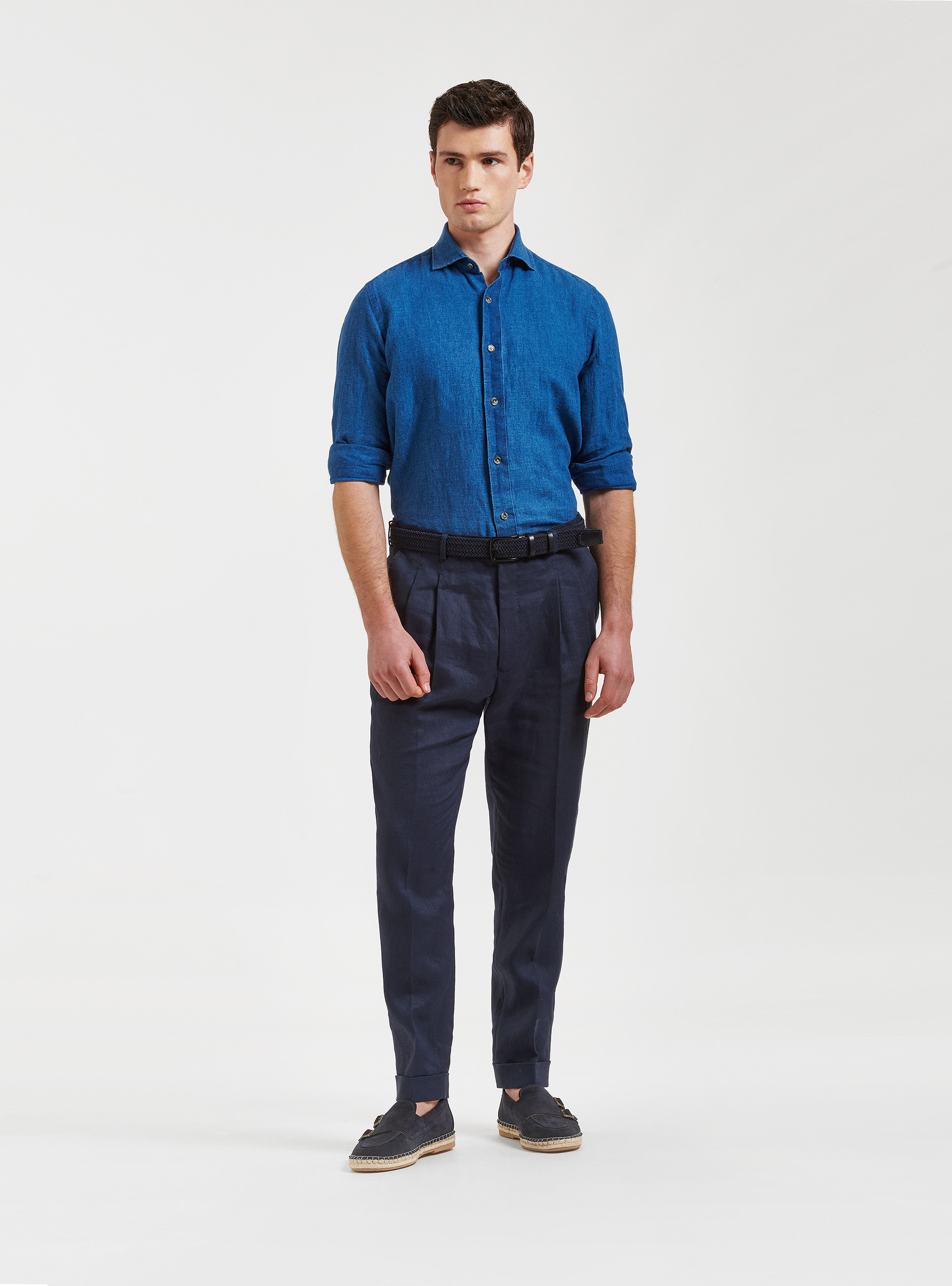 Camisa de algodón con cuello semifrancés, AZUL MEDIO