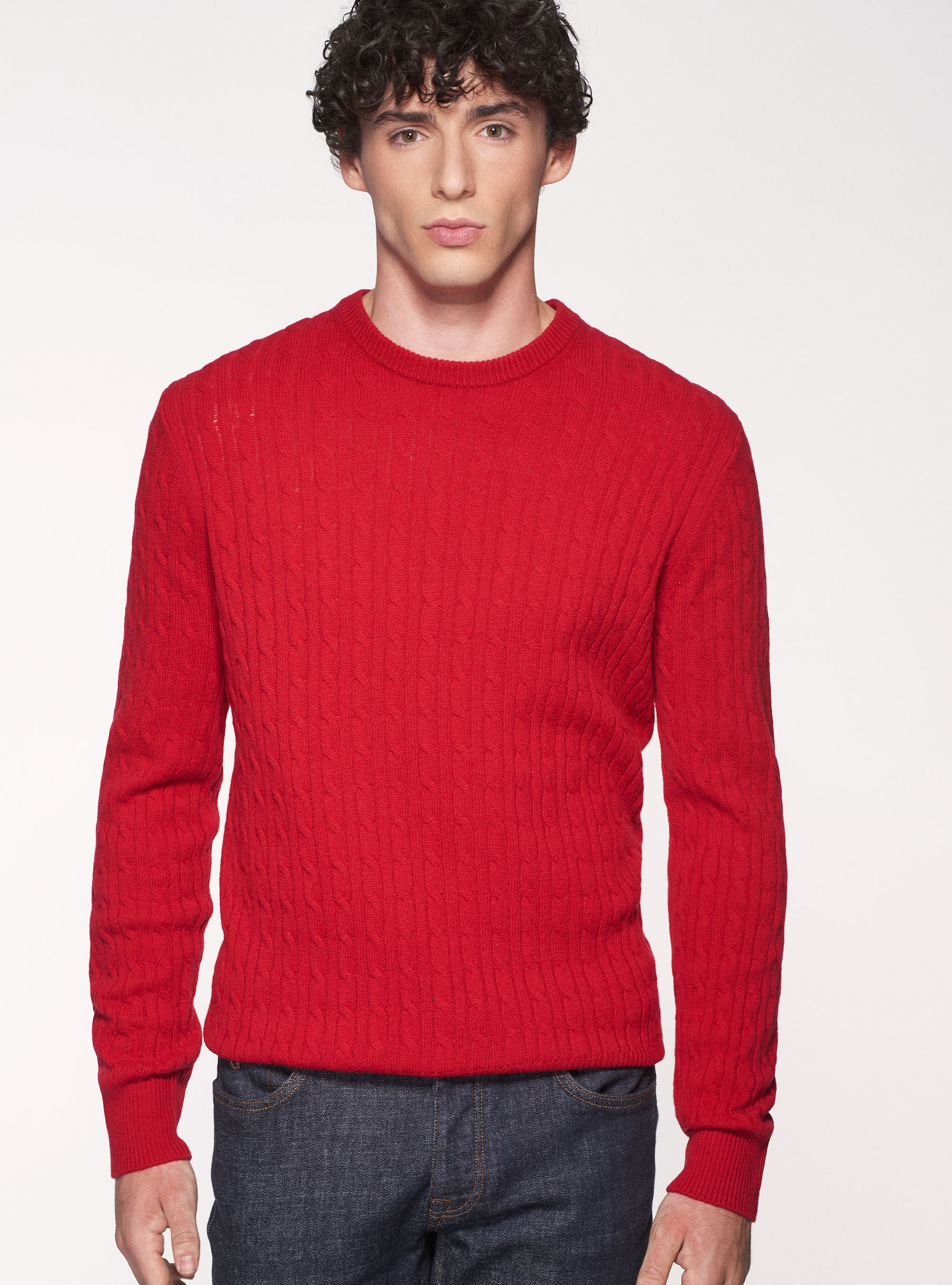 Maglia treccia girocollo in lana lambswool e cashmere, ROSSO