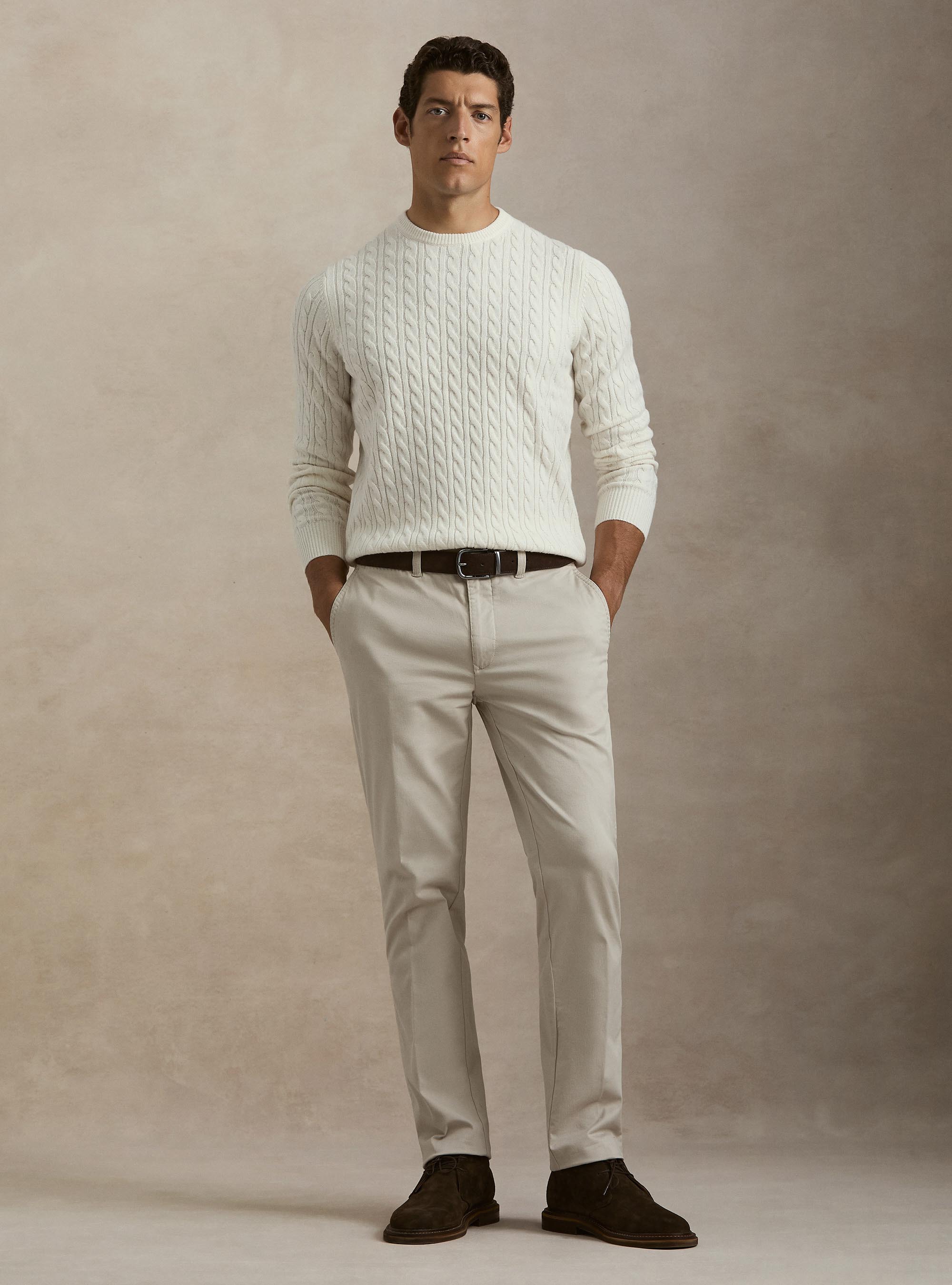 Girocollo in maglia con treccia in lana cashmere, BIANCO