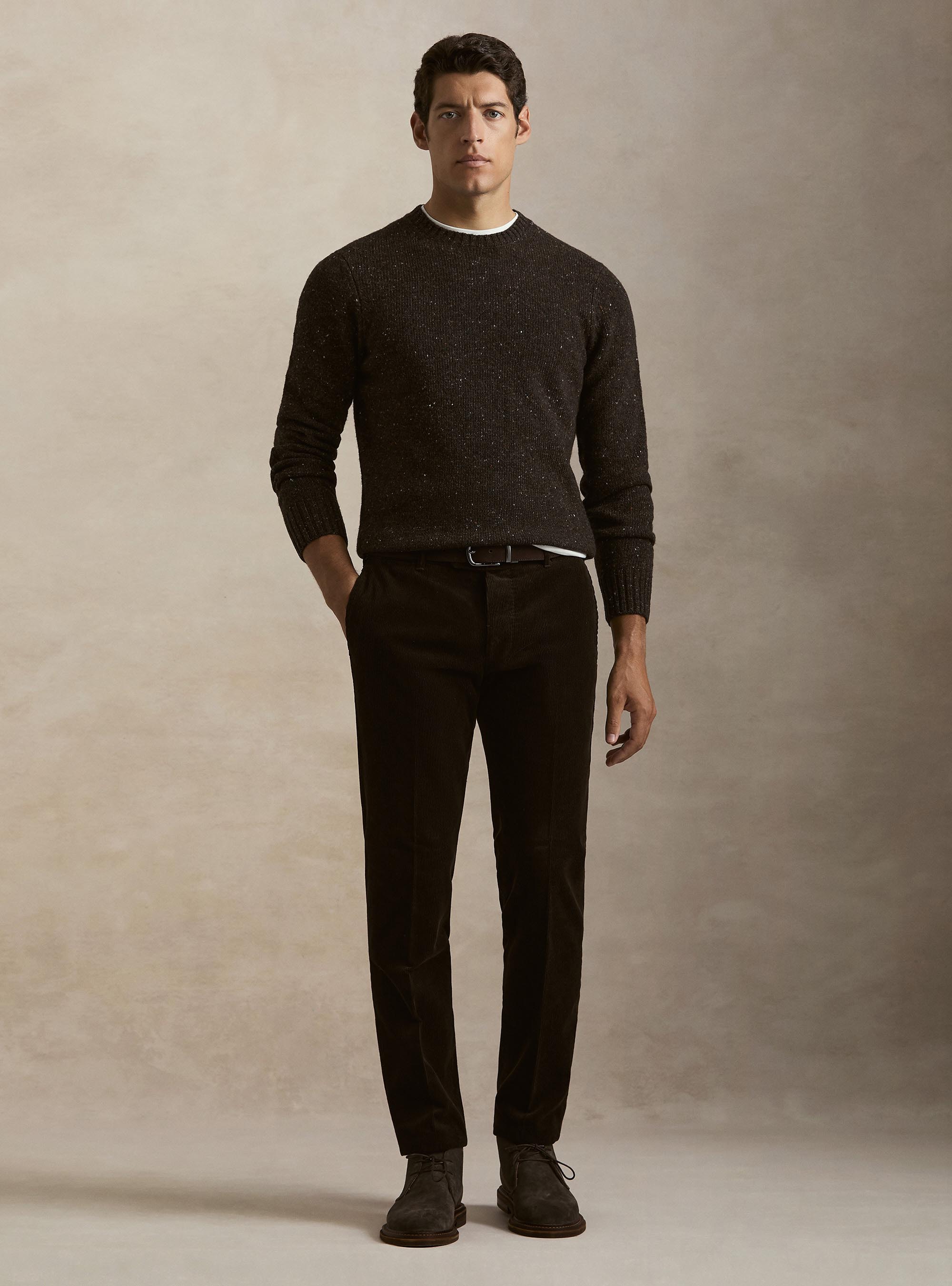 Donegal-style merino wool blend crewneck sweater, BROWN