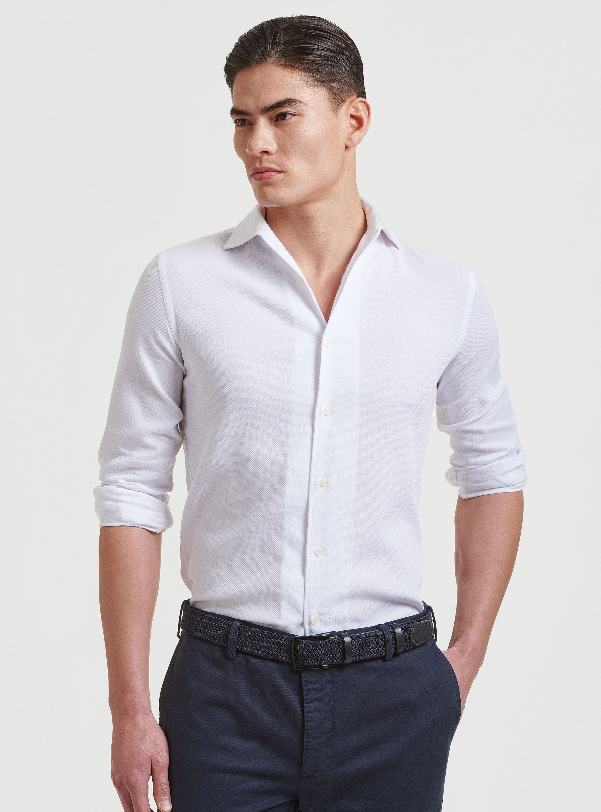 Camicia collo semi francese in cotone tinto in capo, BIANCO