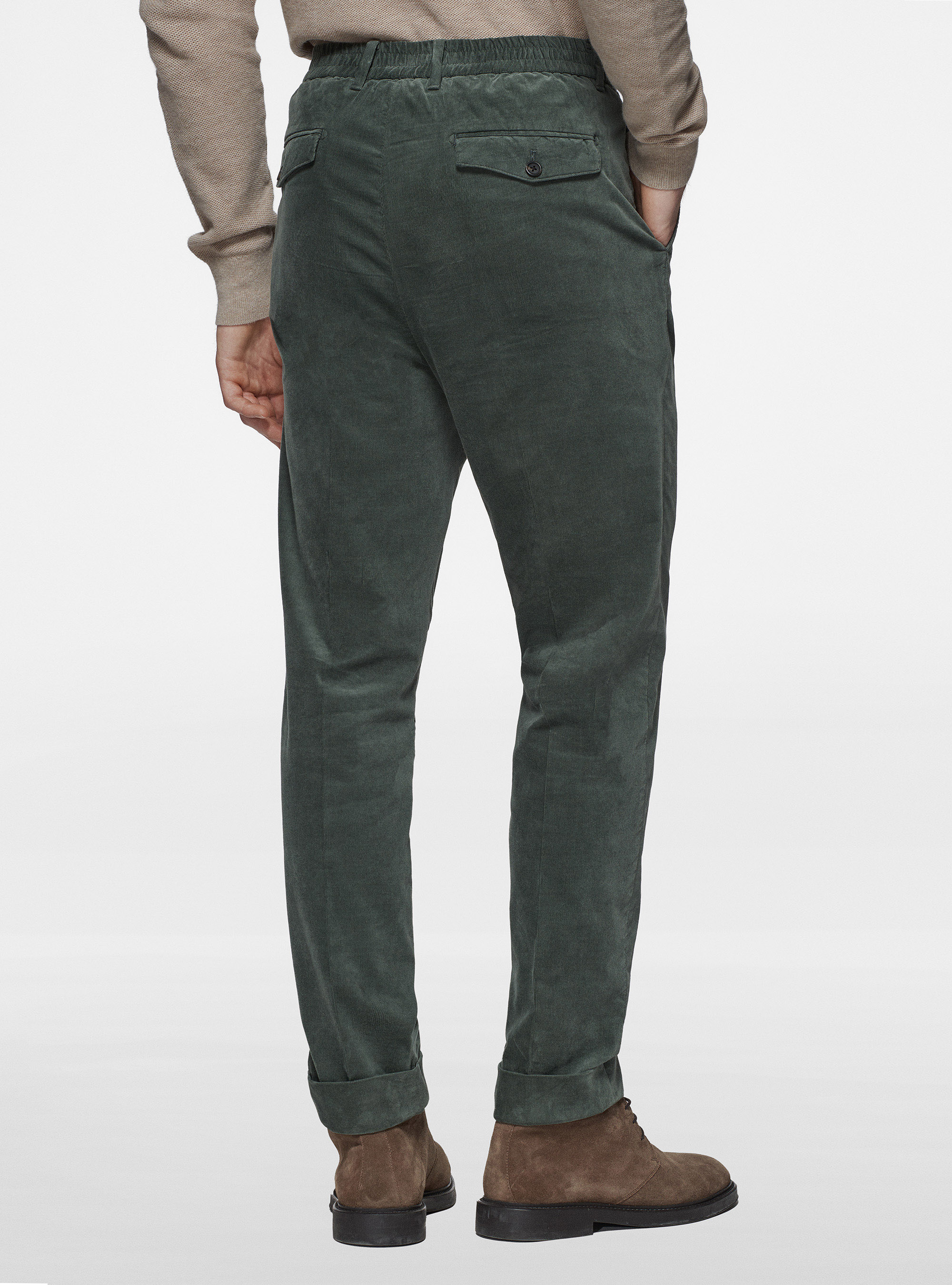 Pantaloni con elastico in velluto millerighe, VERDE