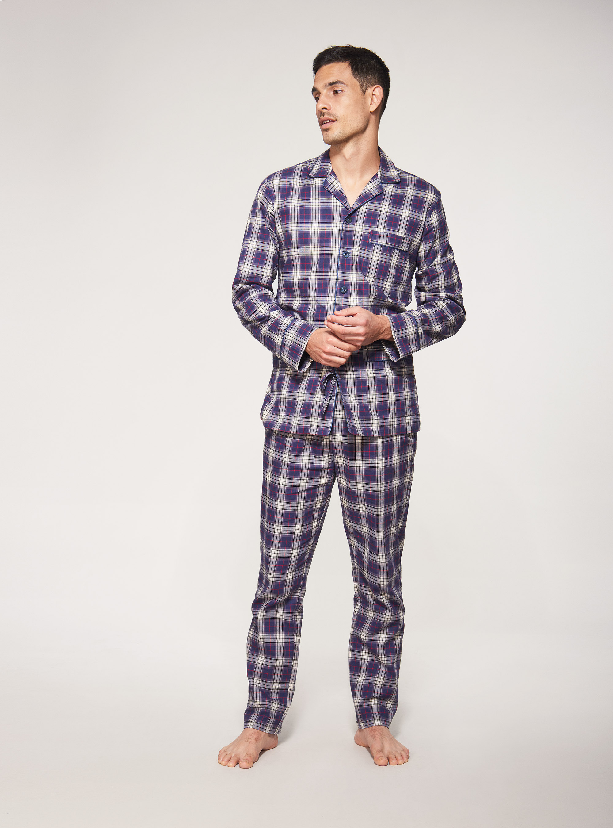 Checked cotton flannel pyjamas, NAVY BLUE