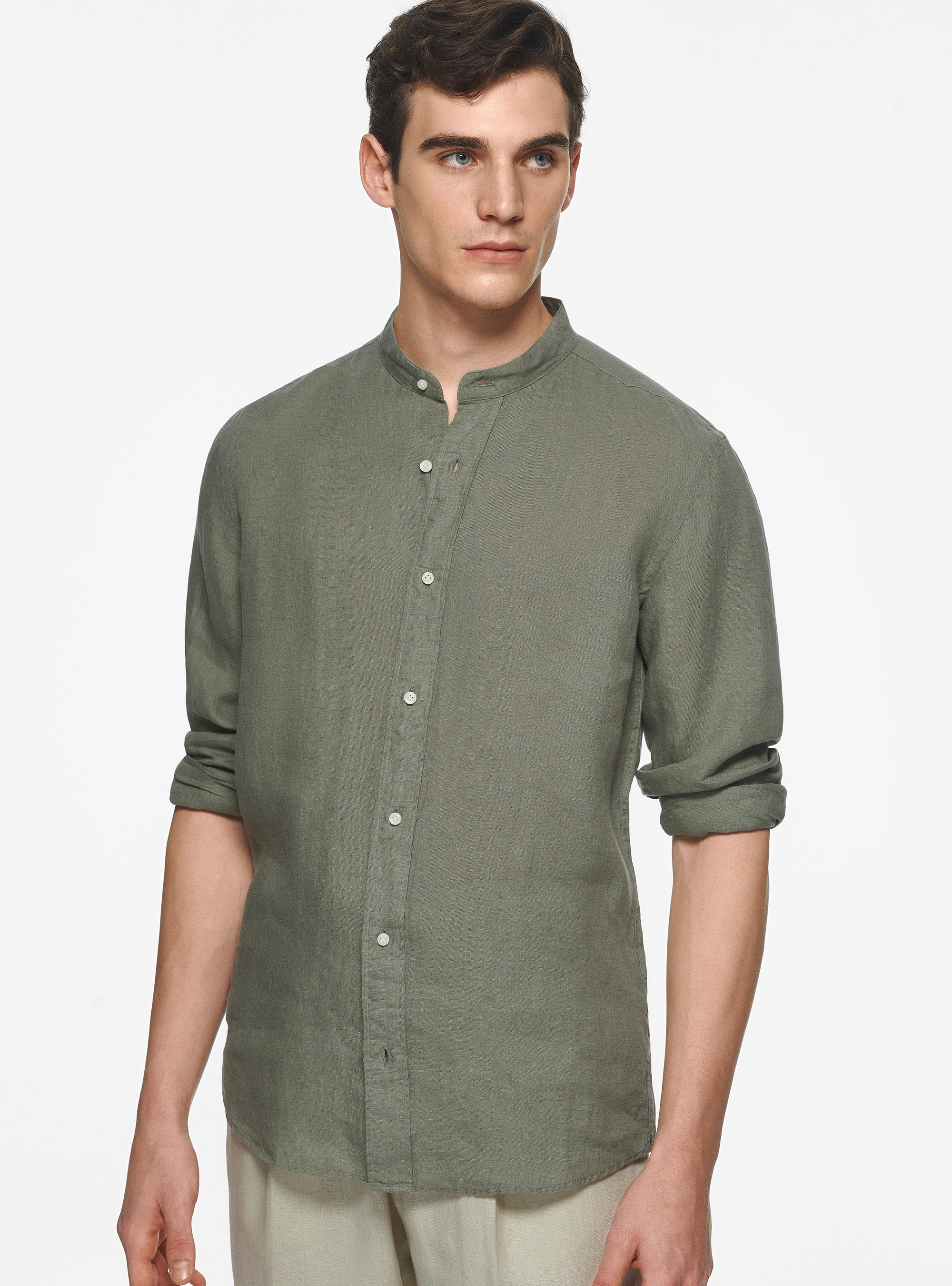 Camisa coreana en puro lino, SALVIA 0602C