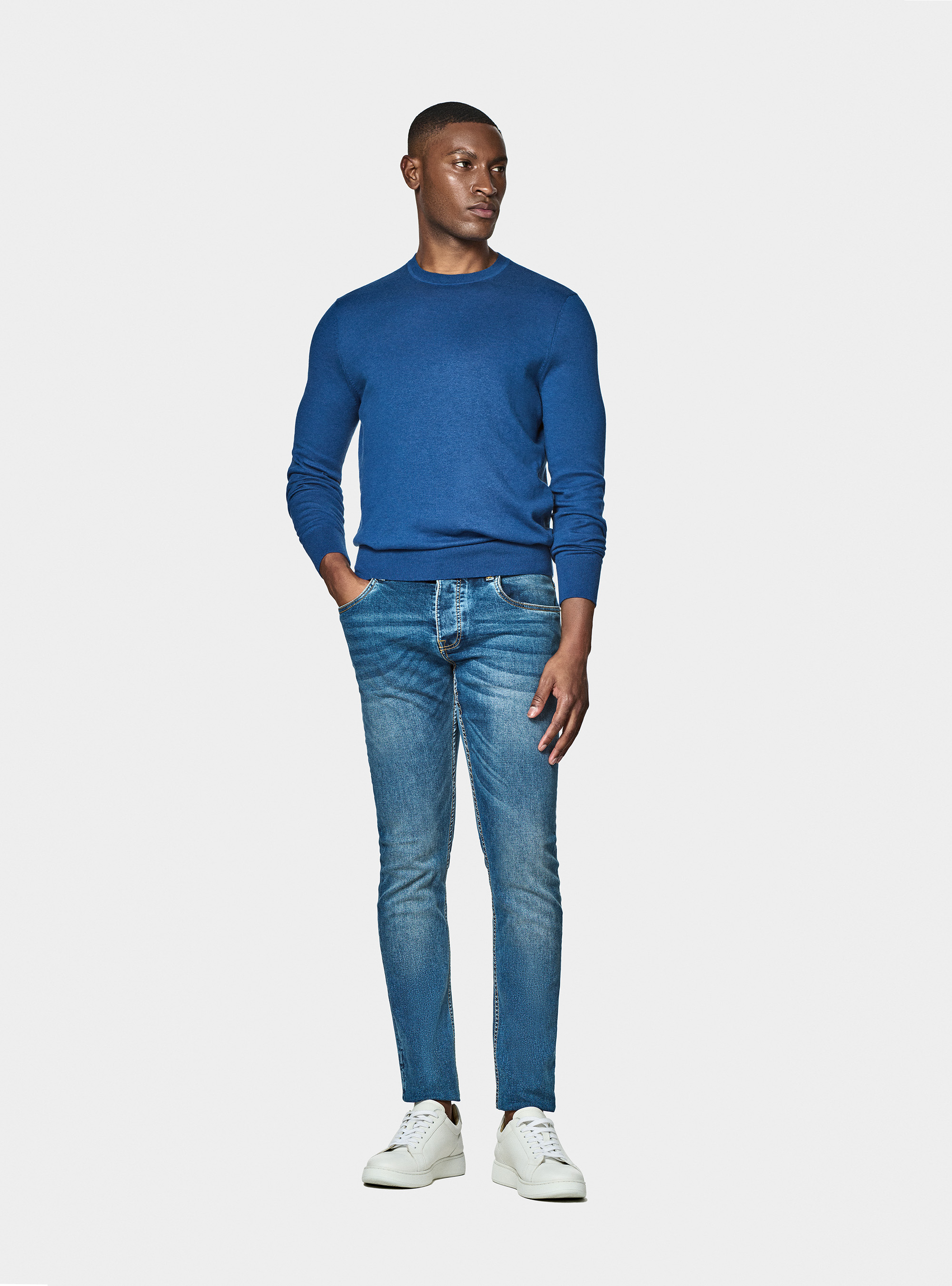 Tricot &agrave; col rond en coton soie et cachemire, BLEU ROYAL